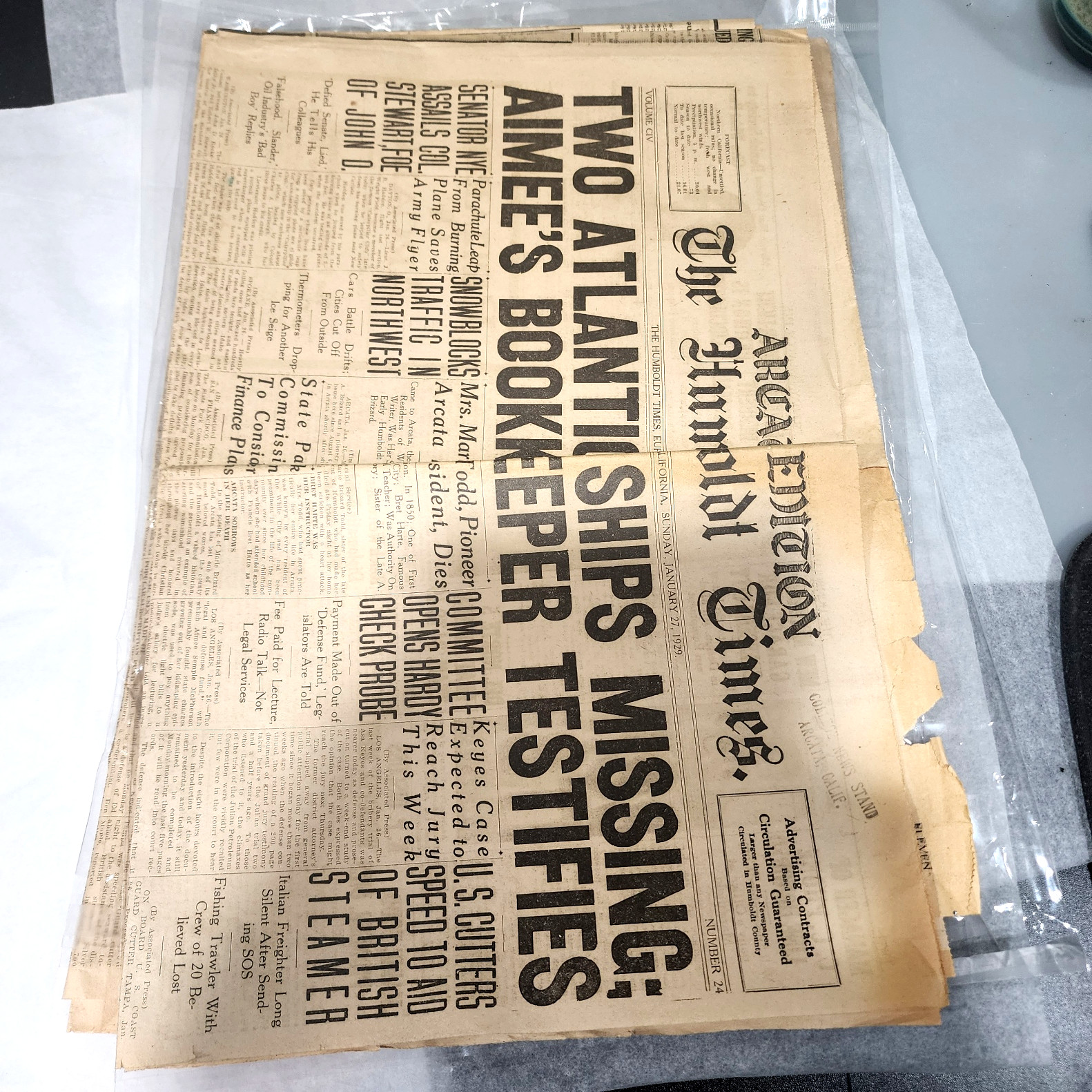 1929 Humboldt Times Newspaper Aimee Semple McPherson Maritime Shipwreck History