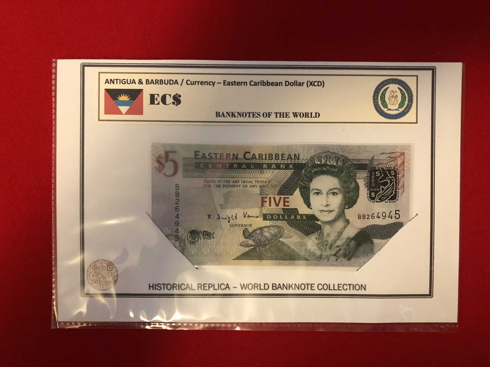 ANTIGUA & BARBUDA / LAMINATED HISTORICAL REPLICA BANKNOTE PRINT - 5 E.C. DOLLAR