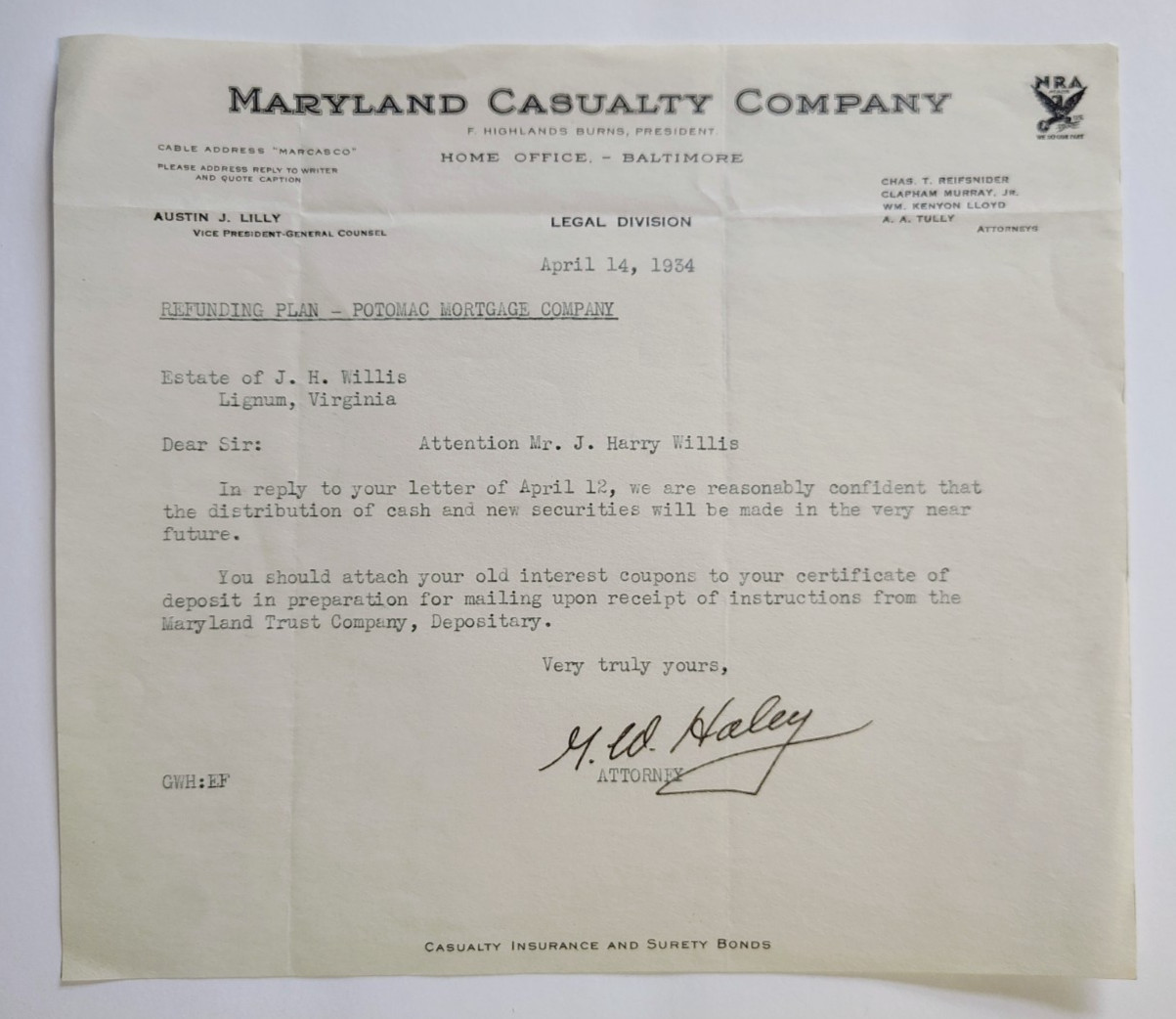 1934 Maryland Casulty Company Letter Baltimore, Maryland