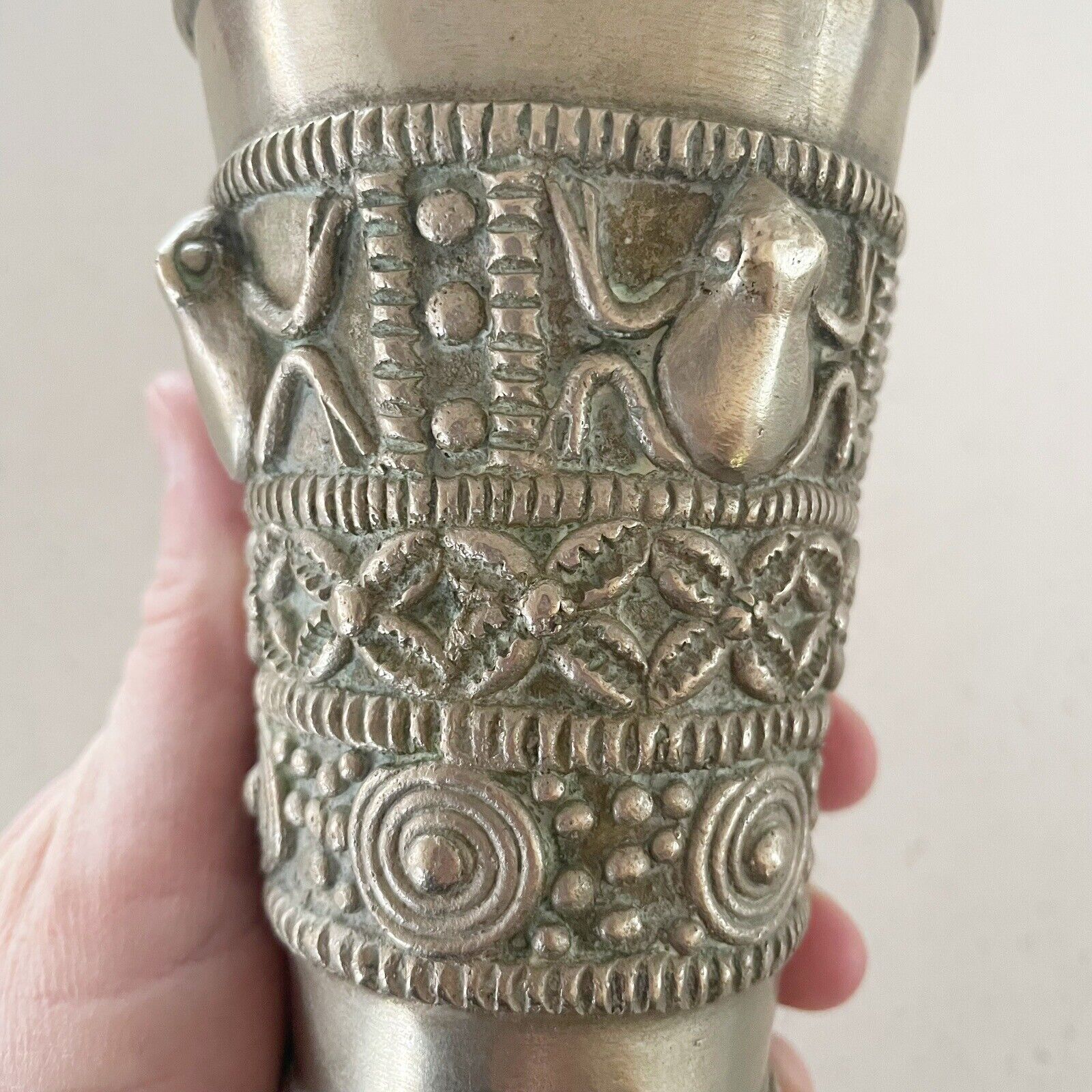 Pewter Chalice goblet Embossed Medieval Motif Frogs Primitive Art 5.25 In Tall