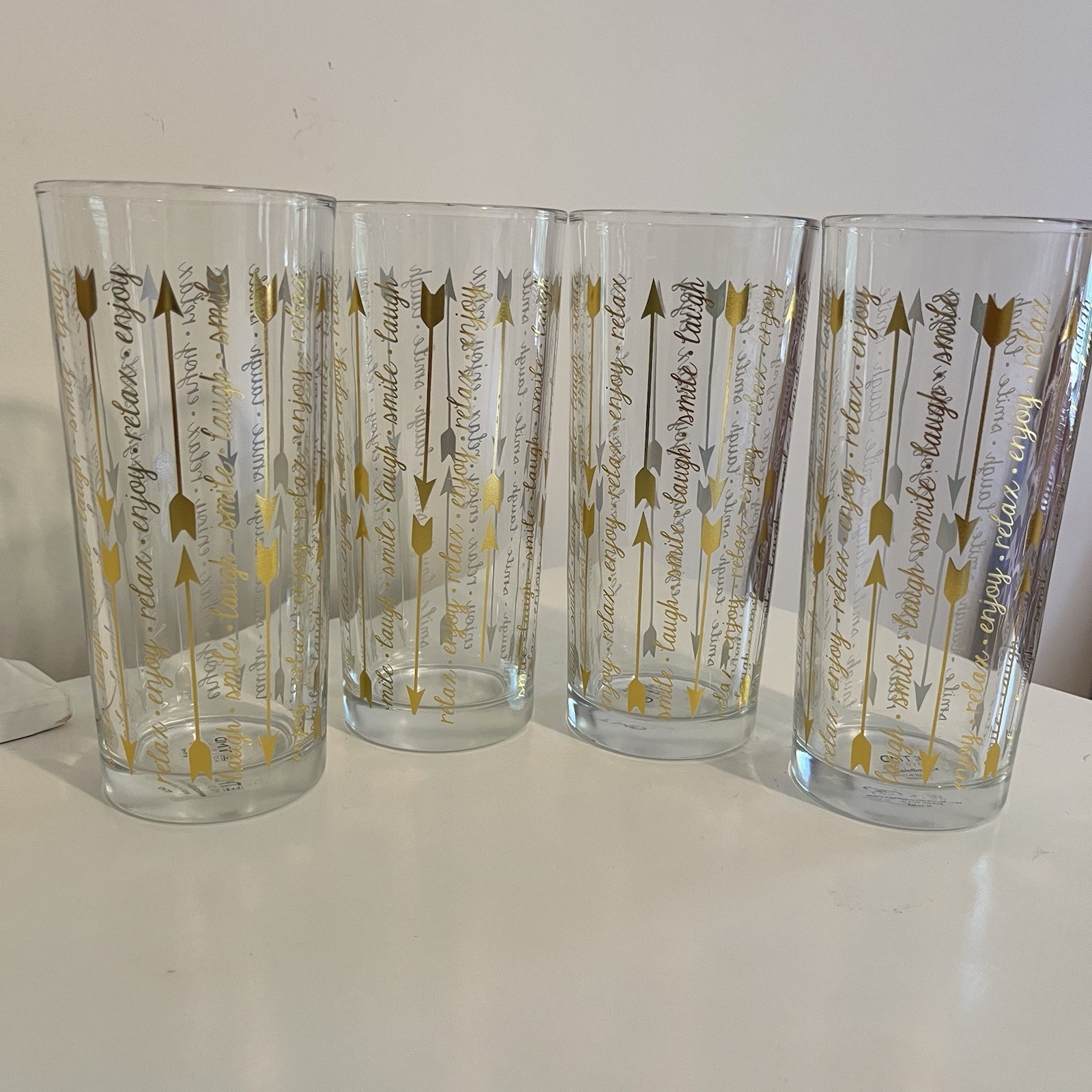 Vtg TMD HOLDINGS Gold Arrows High Ball Glasses Set Of 4 Smile Laugh, Enjoy Relax Vtg TMD HOLDINGS Gold Arrows High Ball Glasses Set Of 4 Smile Laugh, Enjoy Relax