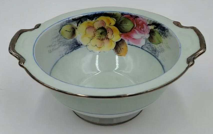 Noritake Bowl. Porcelain Vintage Japan  Hand Painted Handled Roses Pink Yellow