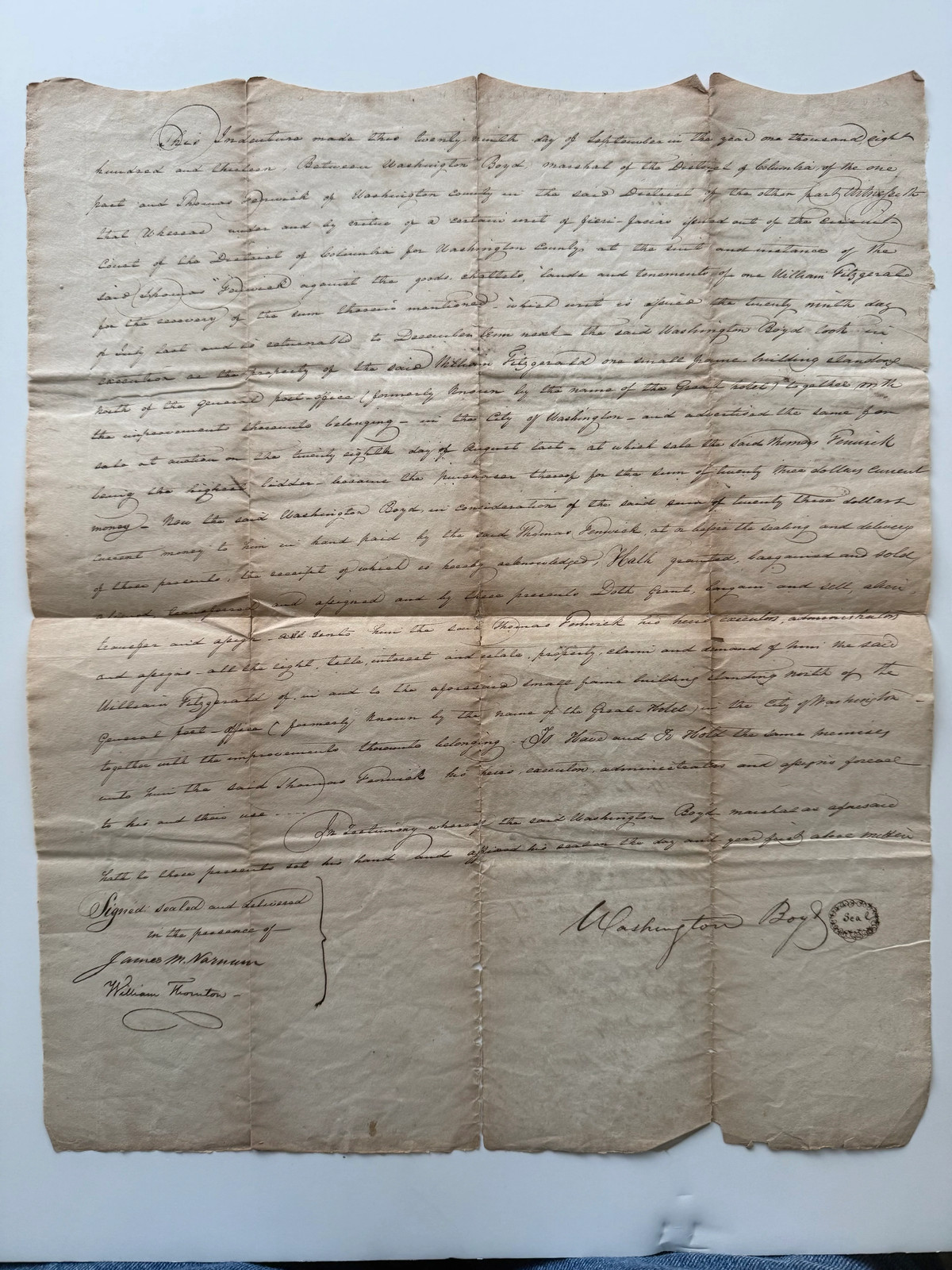 Rare 1813 Washington Boyd Signed U.S. Marshal Deed – Early Washington City –