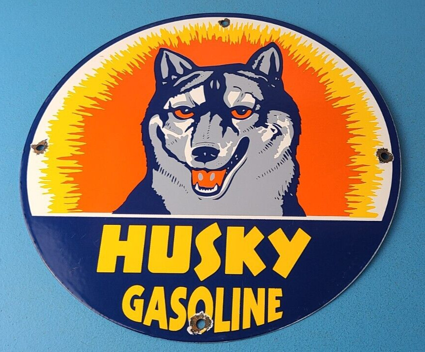 Vintage Husky Gasoline Porcelain Sign - Gas Service Motor Oil Pump Plate Sign