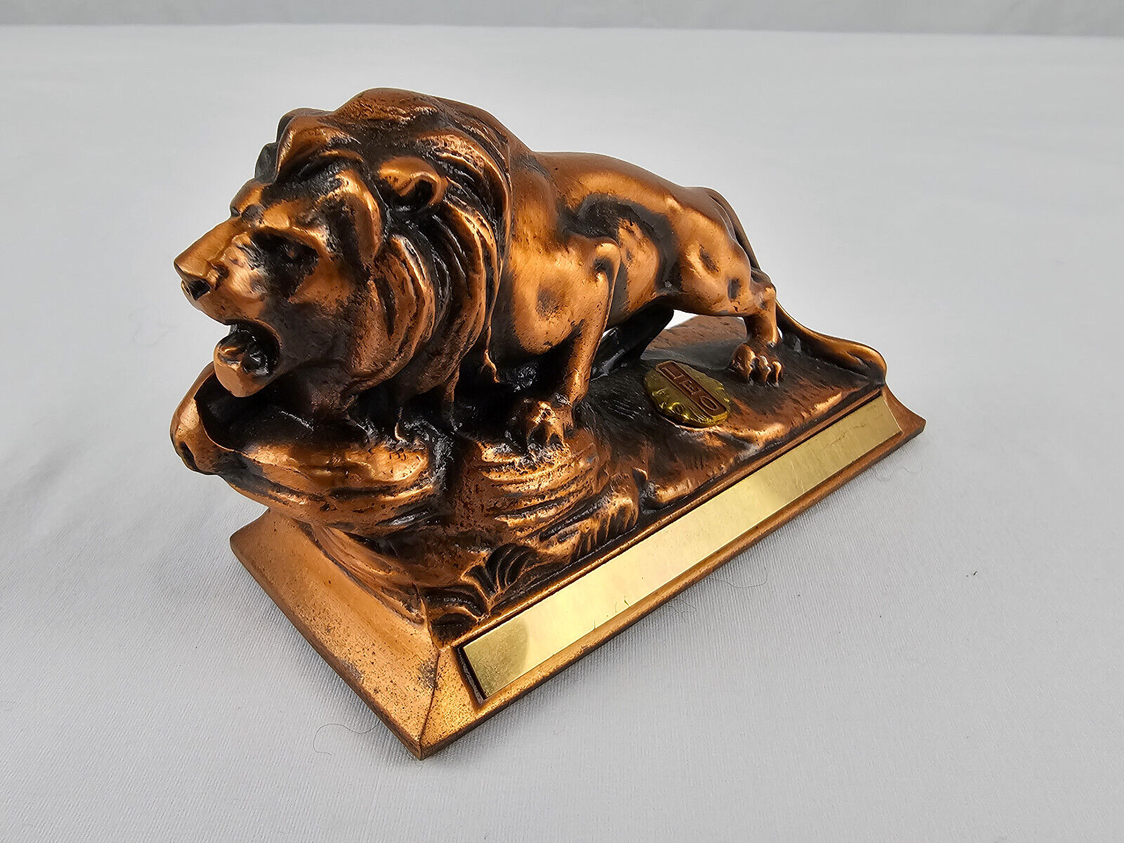 Vintage Copper Colored Lion\'s Club Desktop Figurine Leo 3\