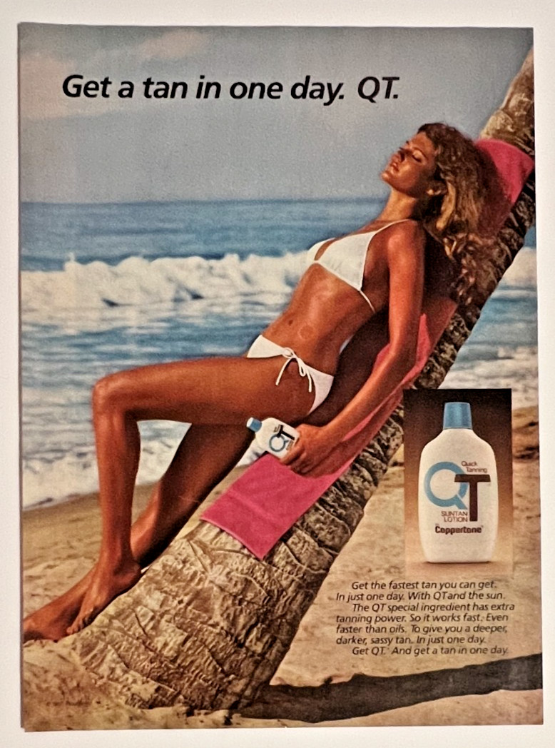 Coppertone QT Quick Tanning Suntan Lotion Bikini Model Vintage Print Ad 1981