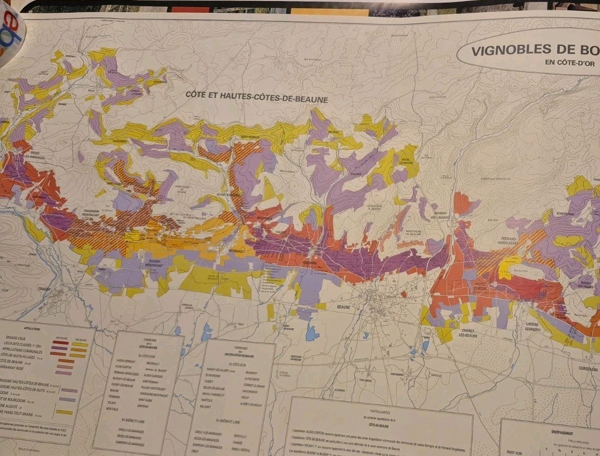Color-coded Vignobles de Bourgogne wine map focusing on Côte de Beaune region Color-coded Vignobles de Bourgogne wine map focusing on Côte de Beaune region