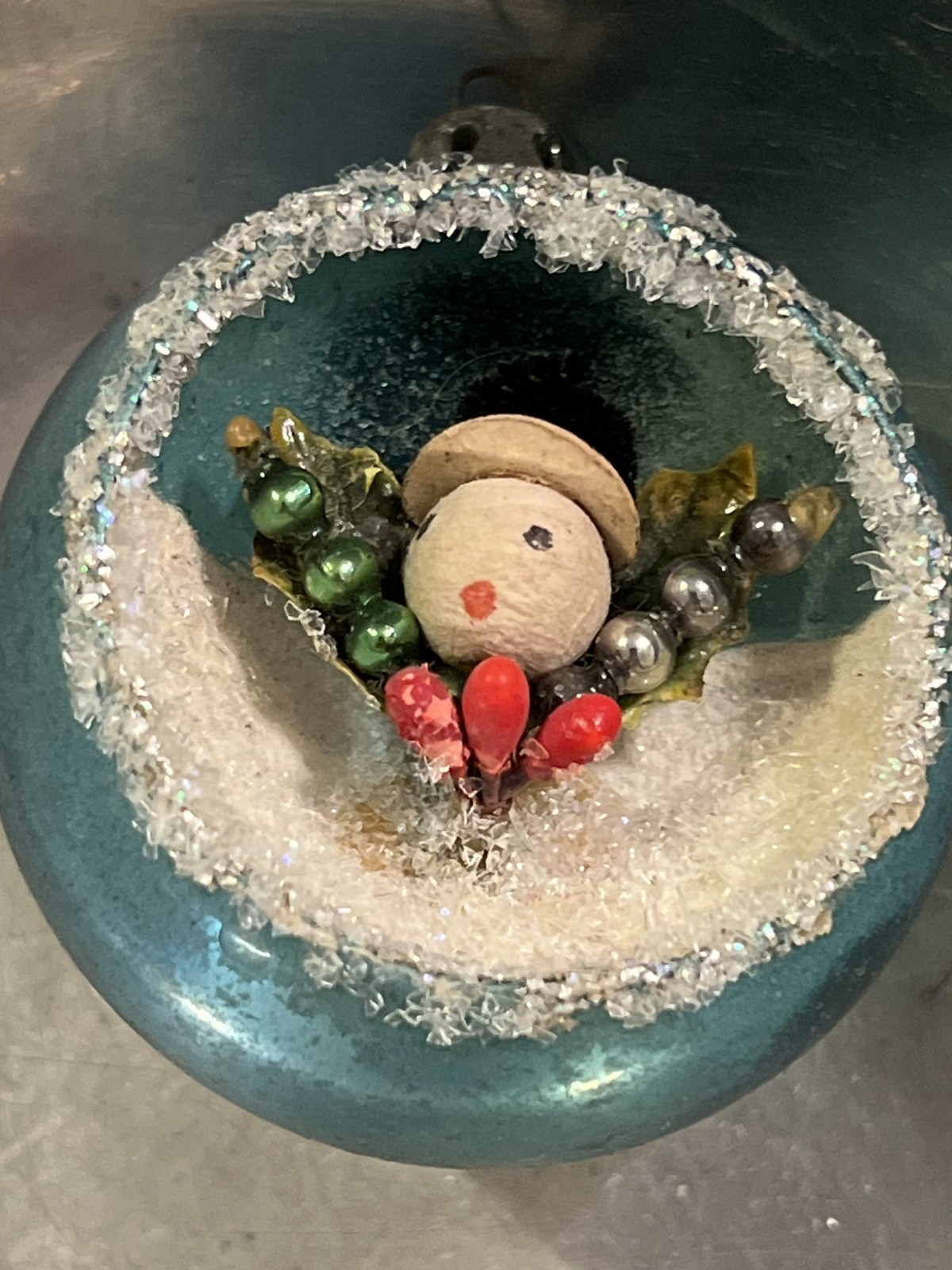 Vintage Diorama Mercury Glass Christmas Ornament Micro Glass Beads