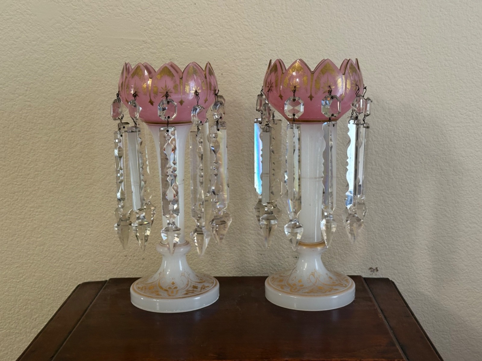 Antique Victorian Pink Opaline Glass Painted Gold Mantle Luster, Prisms, 12.5\ Antique Victorian Pink Opaline Glass Painted Gold Mantle Luster, Prisms, 12.5\