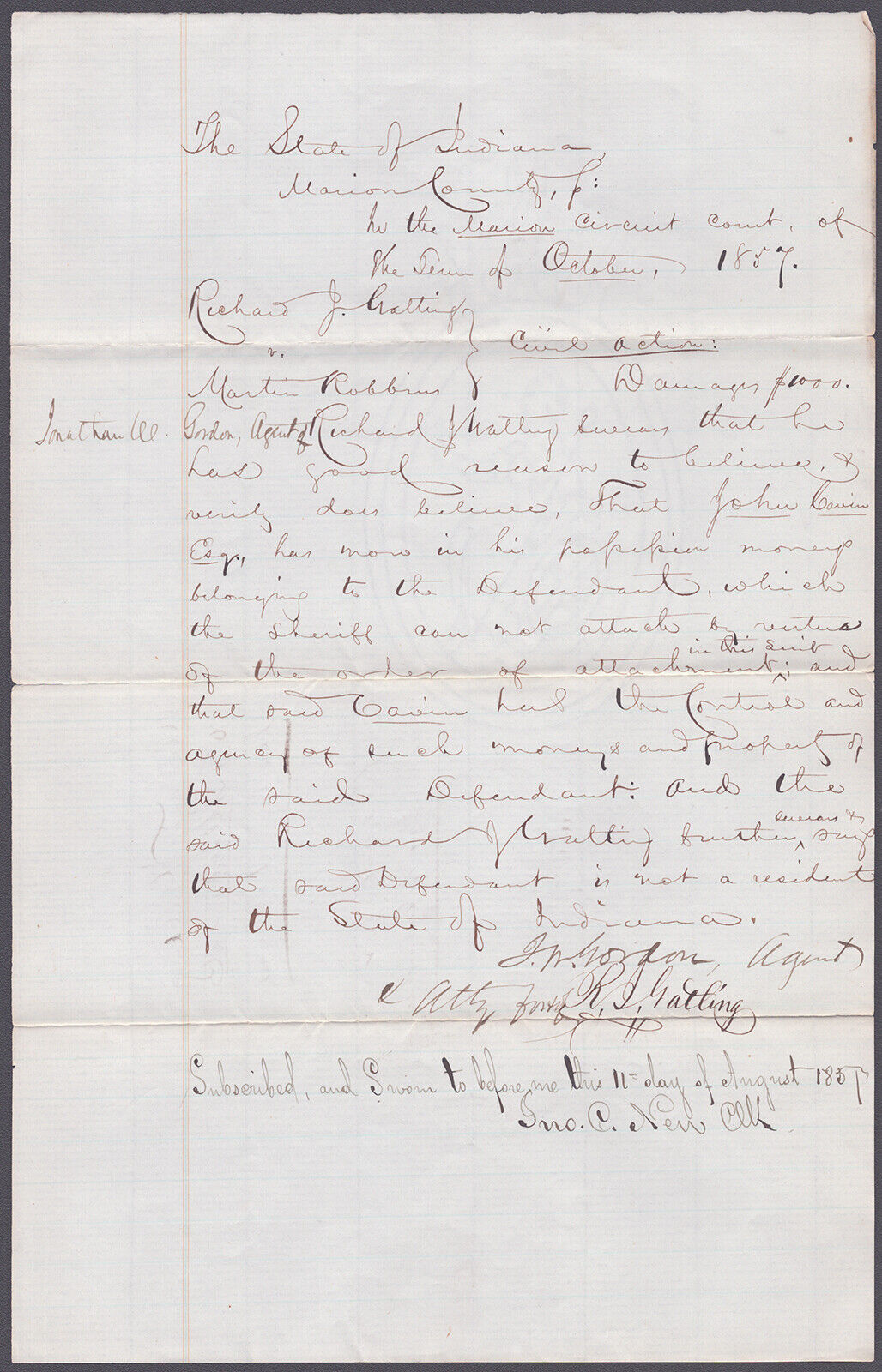 RICHARD J. GATLING - DOCUMENT SIGNED 10/1857