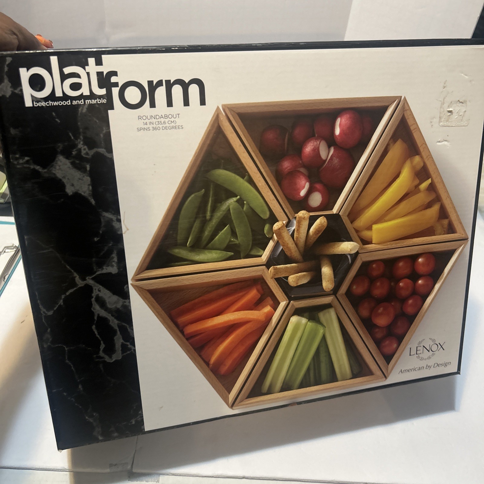 Lenox American By Design “PlatformRoundabout Serving Tray Marble &Wood 360’ Spin