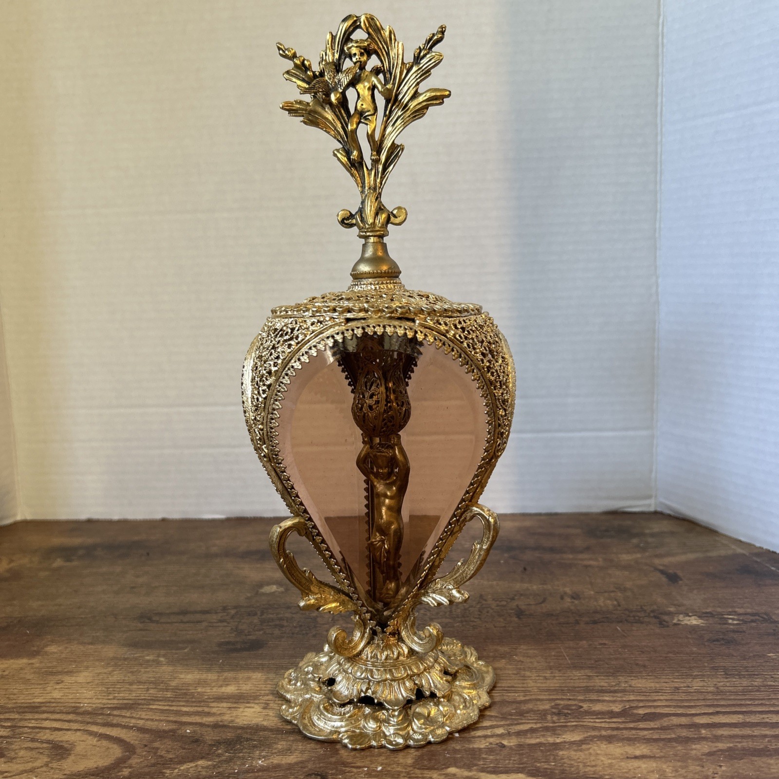 RARE Vintage GOLD CHERUB Perfume Bottle *AMBER GLASS VANITY 3 face 11.5” Inch