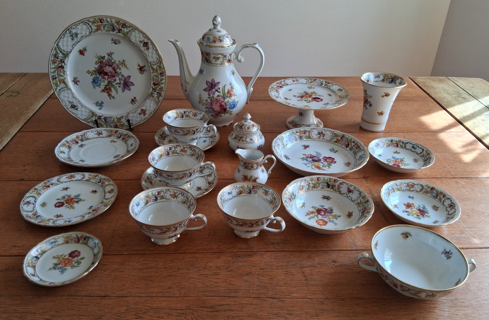 Vintage Empress Dresden China Coffee and 20 Serving Pieces, Flowers Pattern