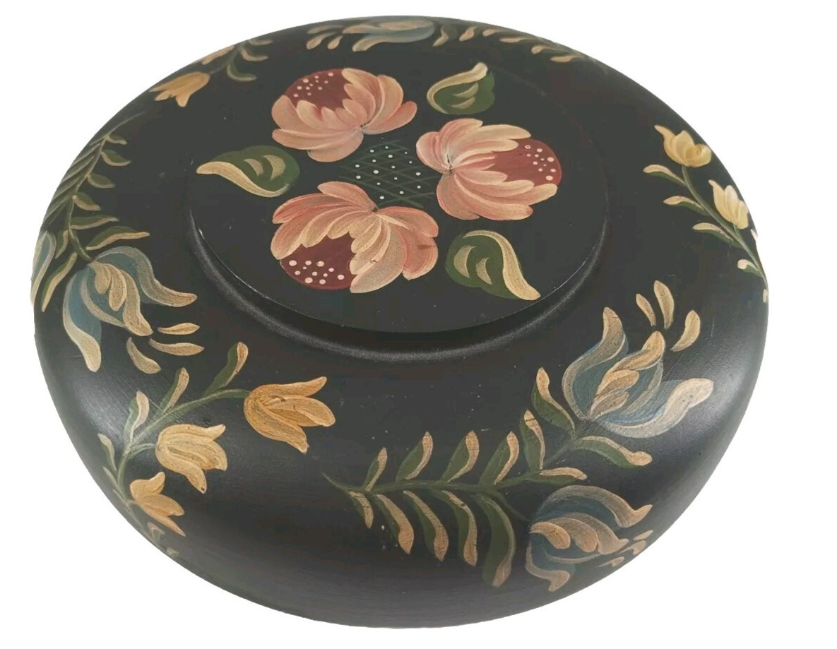 Vintage Hand painted Floral Brooch Jewelry Trinket Round Wooden Box Handmade 7\