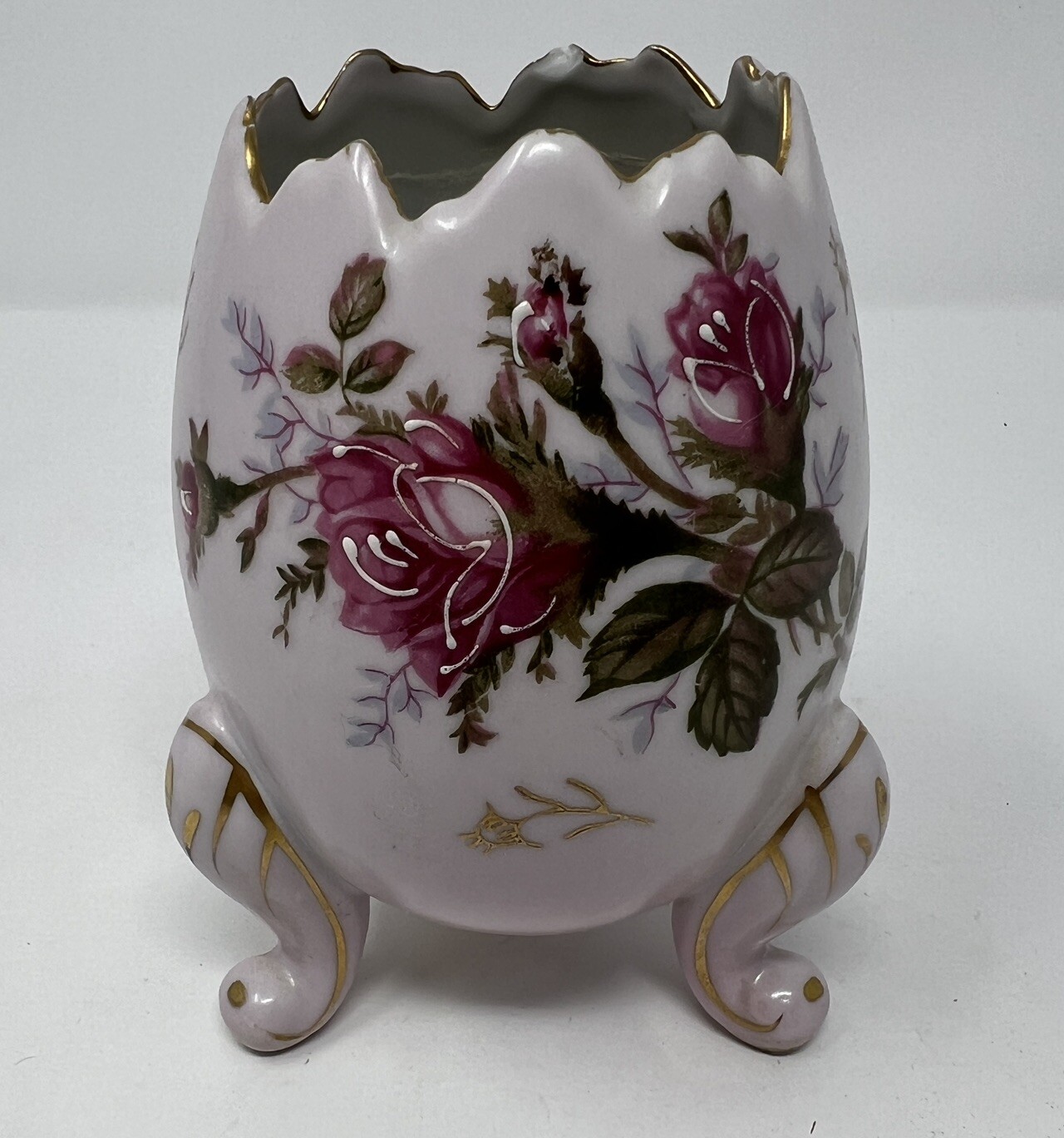 Vintage Napco Cracked Egg Vase 5” Pink Floral Footed Easter Gold Trimmed Japan