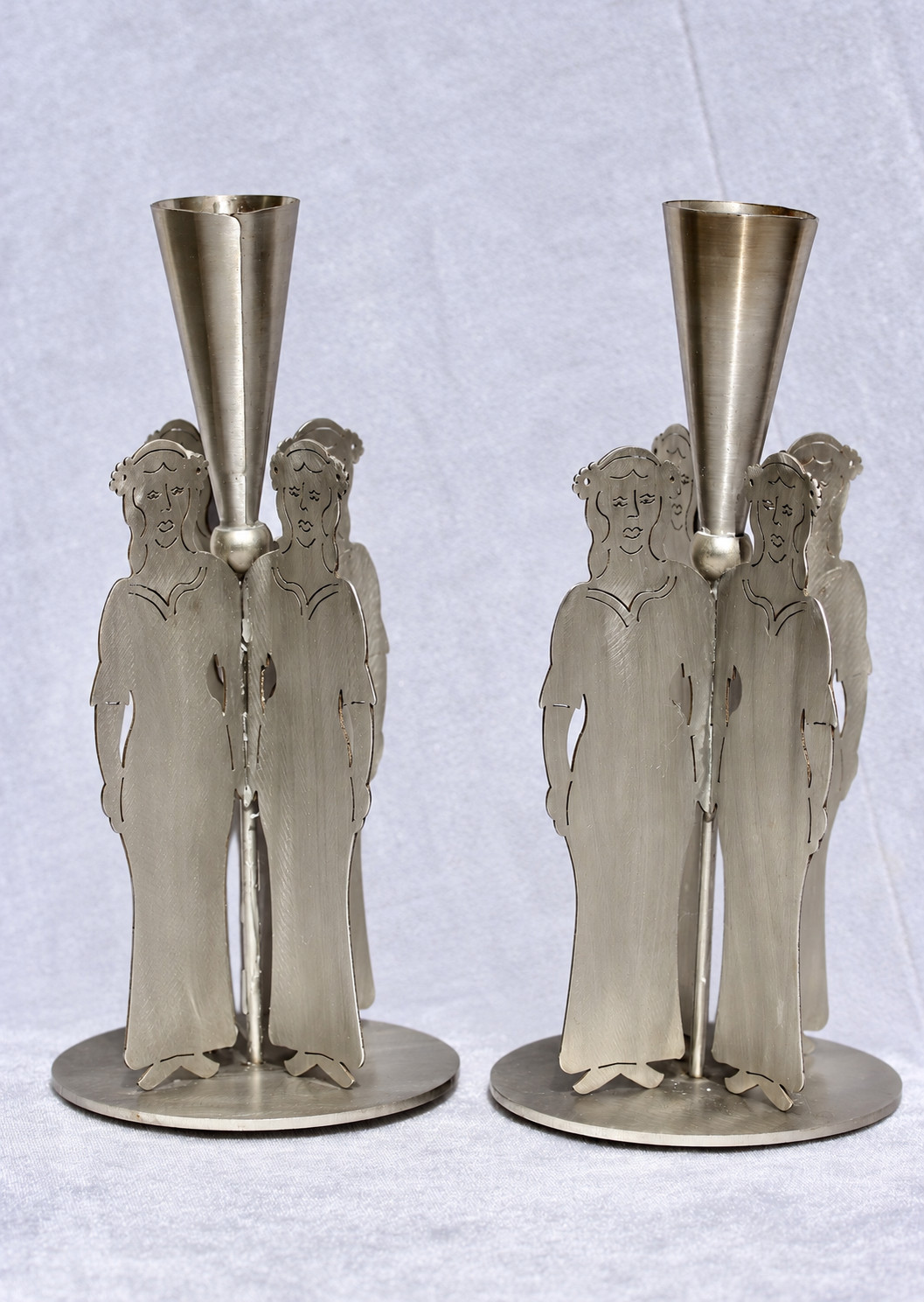 Vintage Amy Hess Signed Female Figure Stainless Steel Candleholders Pair MCM Art