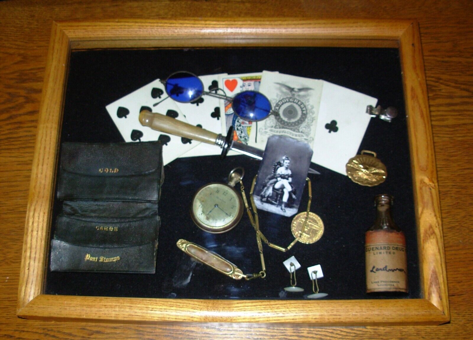 Antique Vintage Old West Gamblers Display-Dagger-Poker Cards-Saloon Lady Etc.