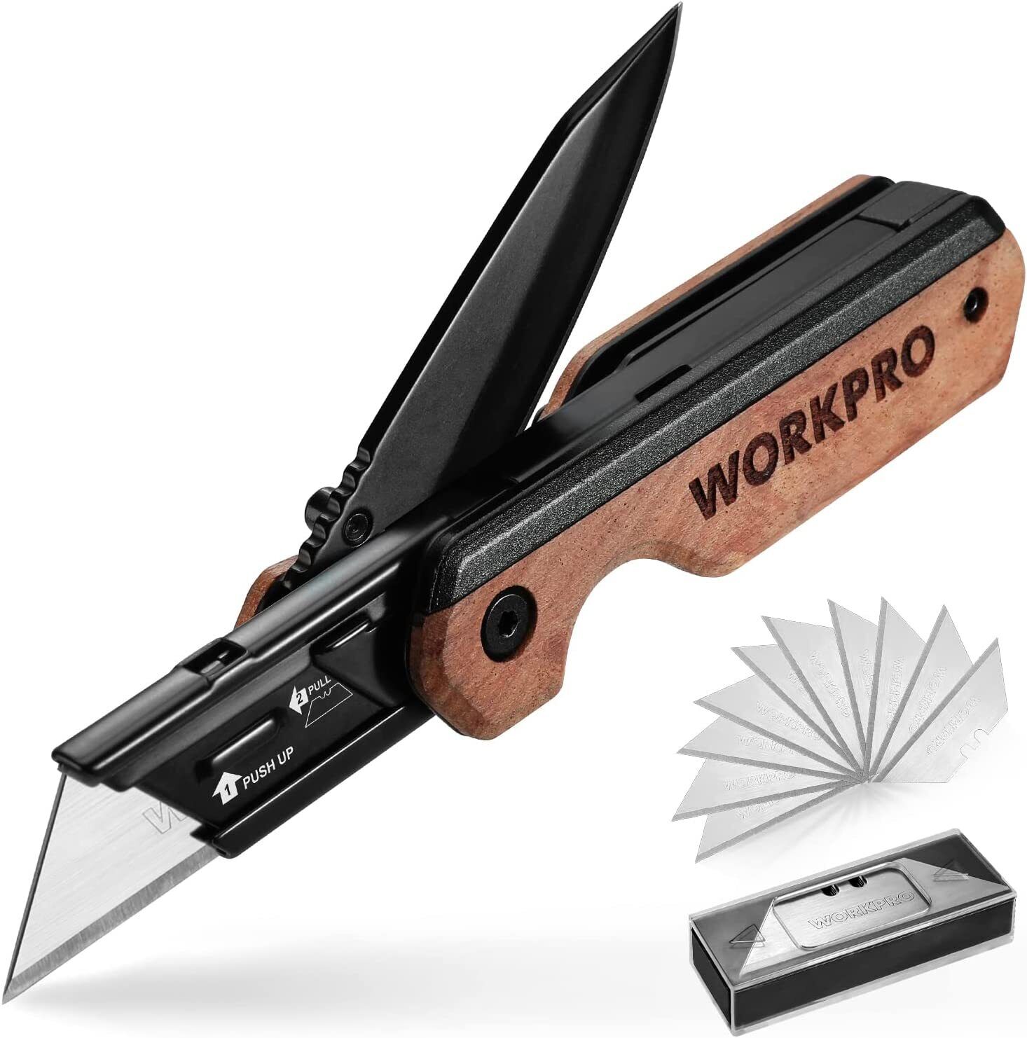 WORKPRO 2-in-1 Folding Knife/Utility Knife w/Belt Clip and Liner Lock W/10Blades