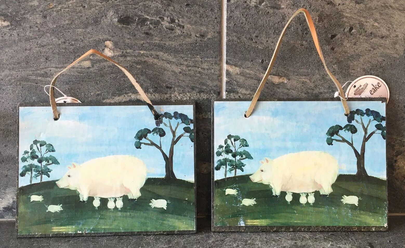 VTG Farmhouse Pigs Chesapeake Bay Hand Painted Slate Wall folk Art pair NWT