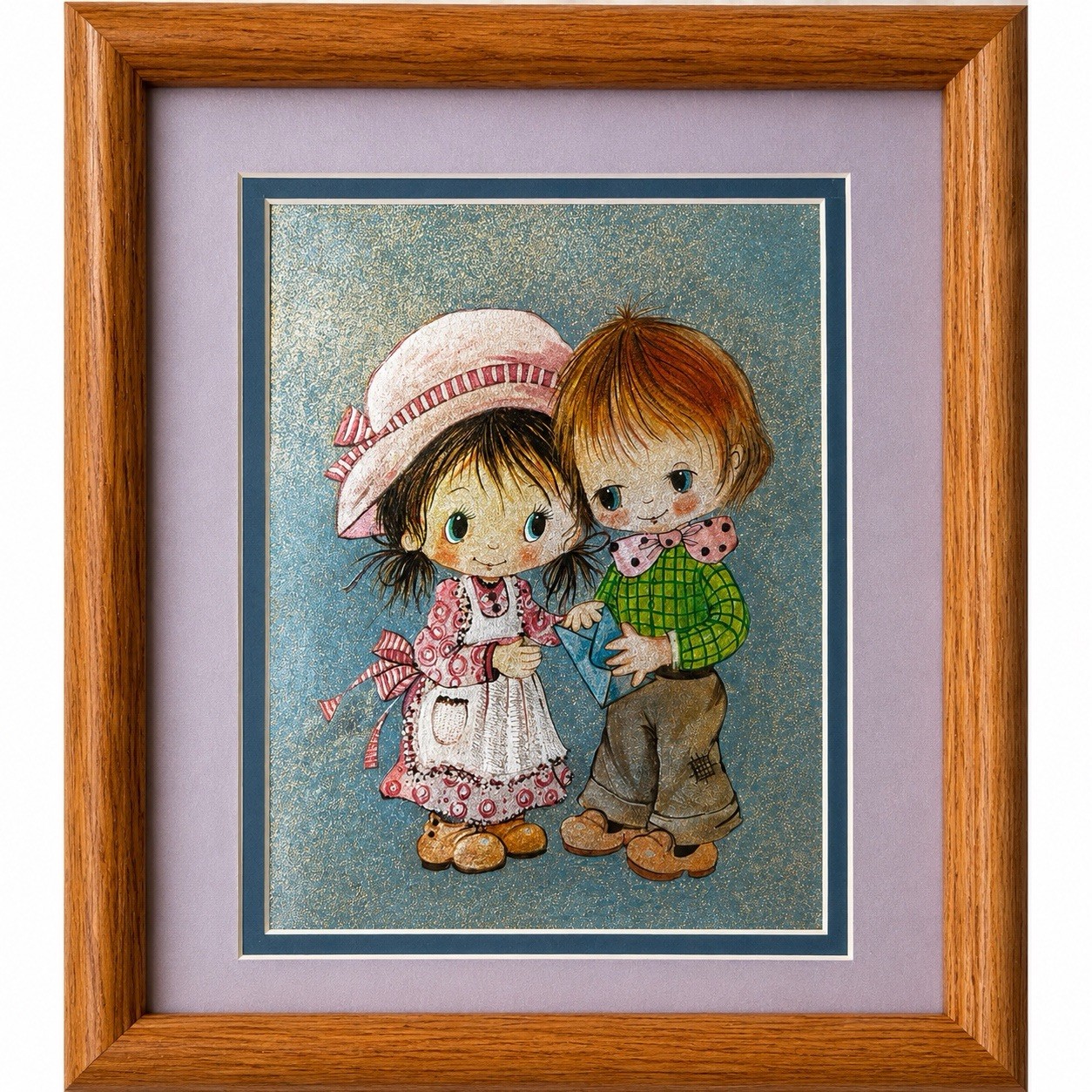 Framed Foil Art Boy Girl Print 10x12 Nursery Cottage Wall Decor Oak Frame Vtg