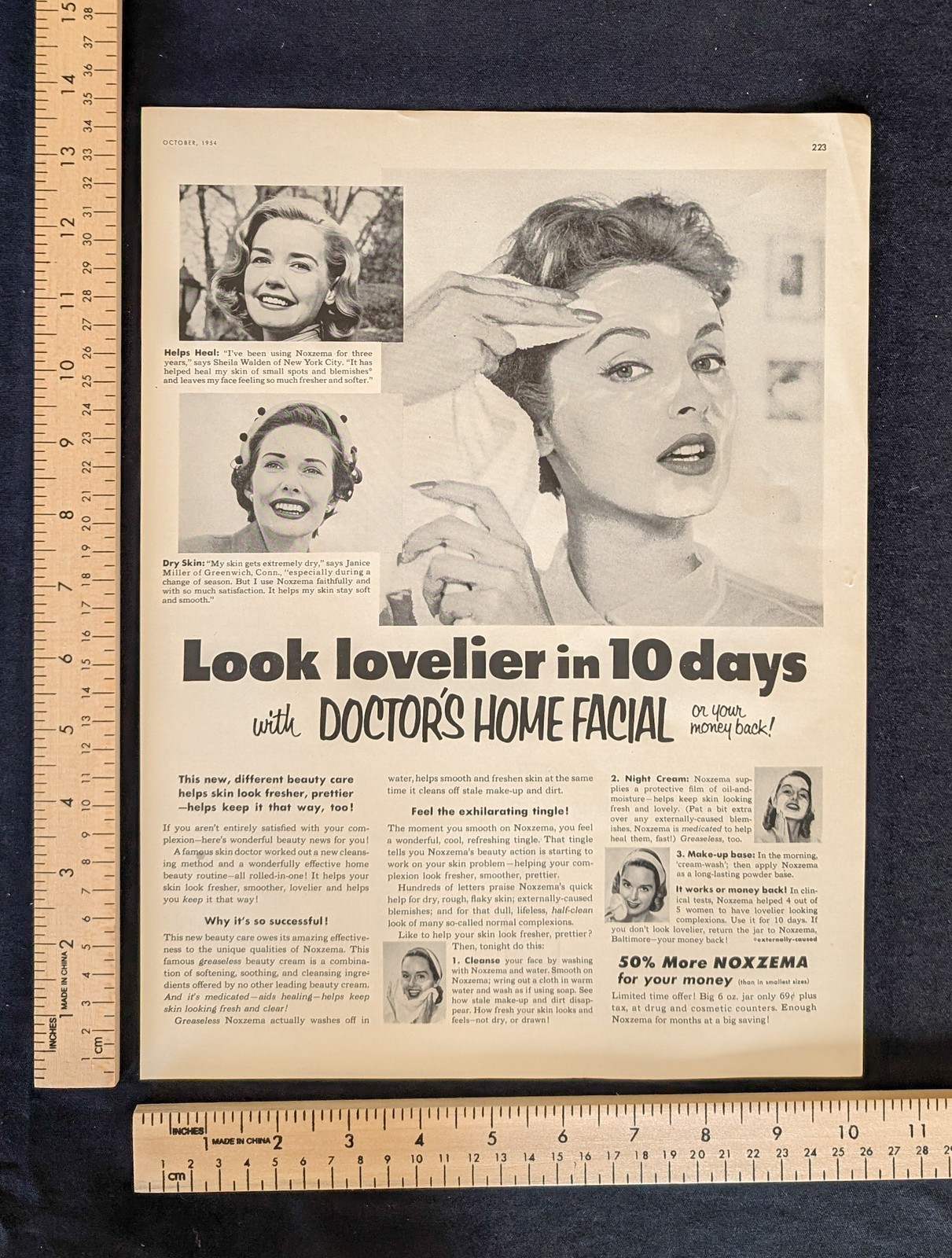 Vintage 1954 Noxzema Doctor's Home Facial B&W Print Ad Full Page 1950s Original