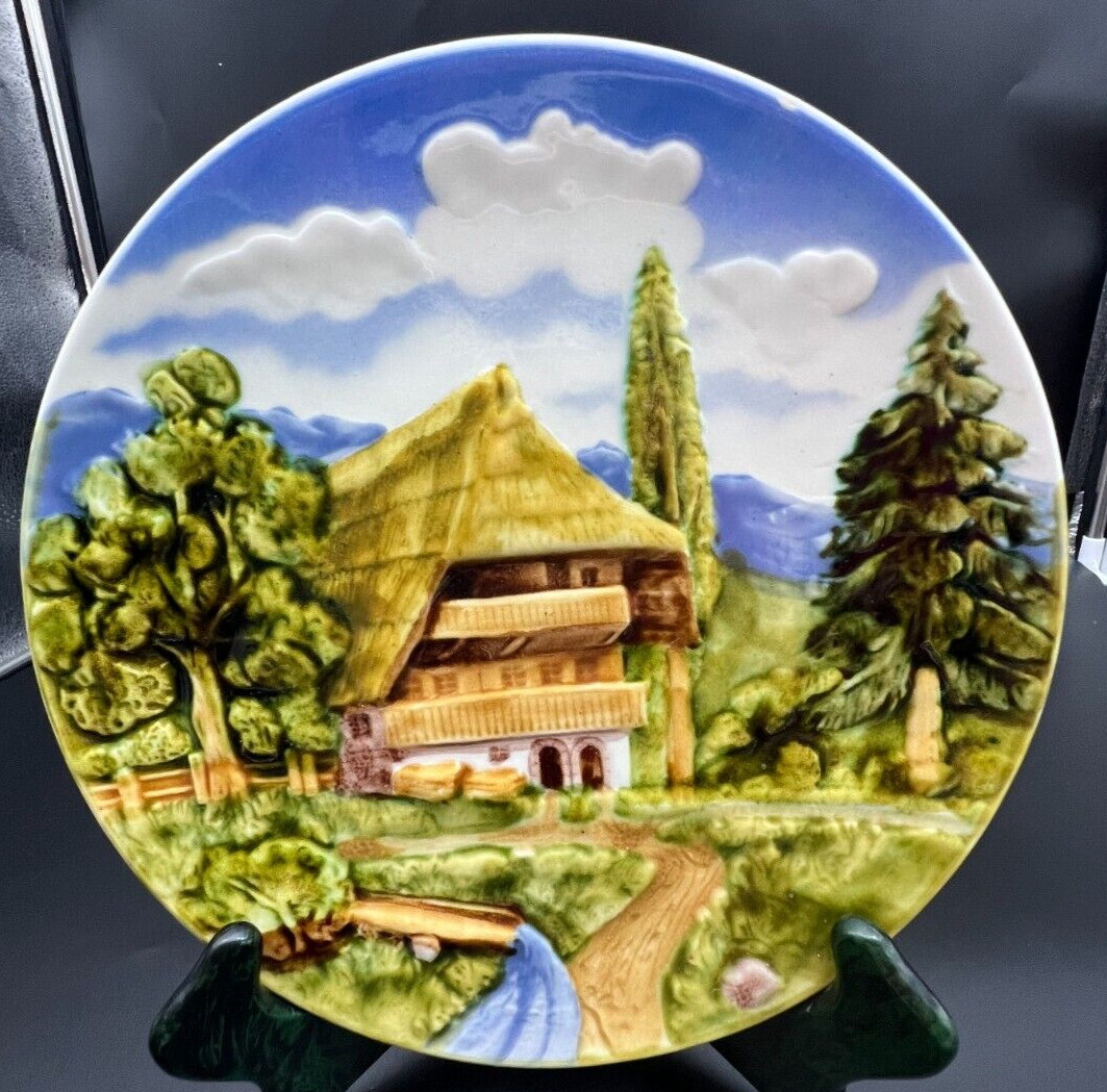 Germany Majolica Bas Relief Plate-Chalet in the Woods