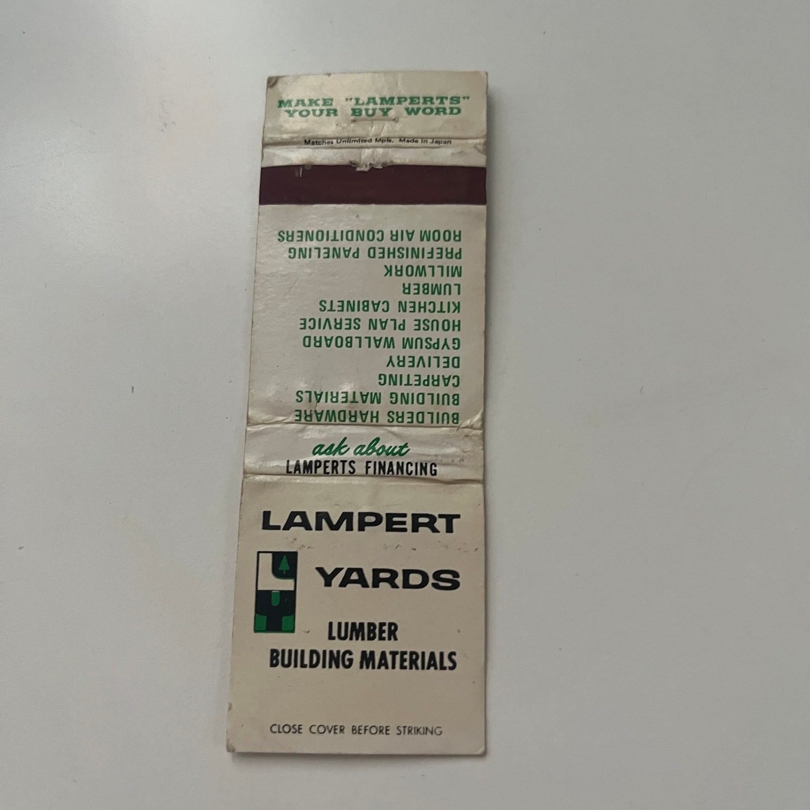 Lampert Yards Lumber Building Materials Millwork Vintage Matchbook Cover SMB33-5