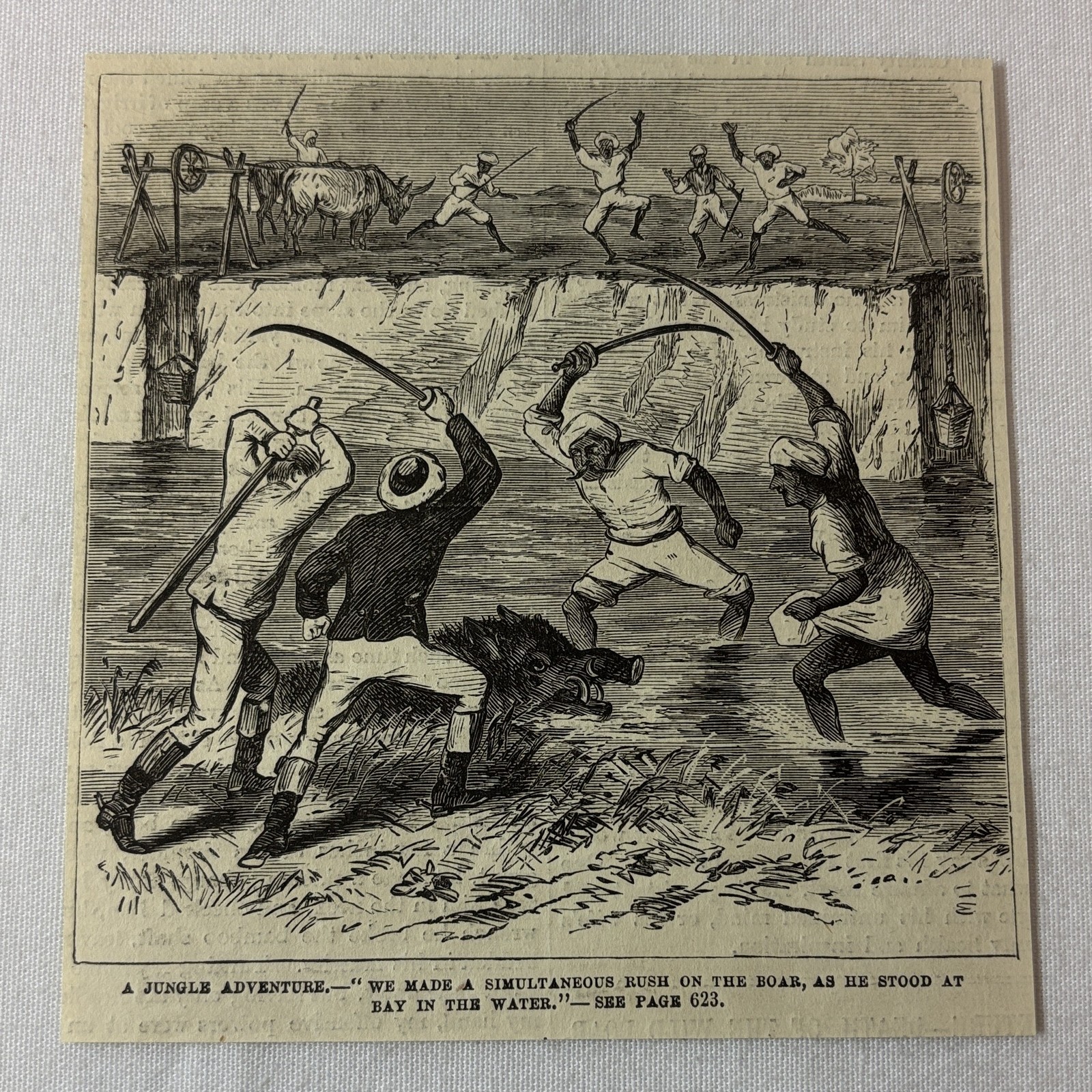 1877 magazine engraving ~ HUNTING WILD BOAR WITH SWORDS