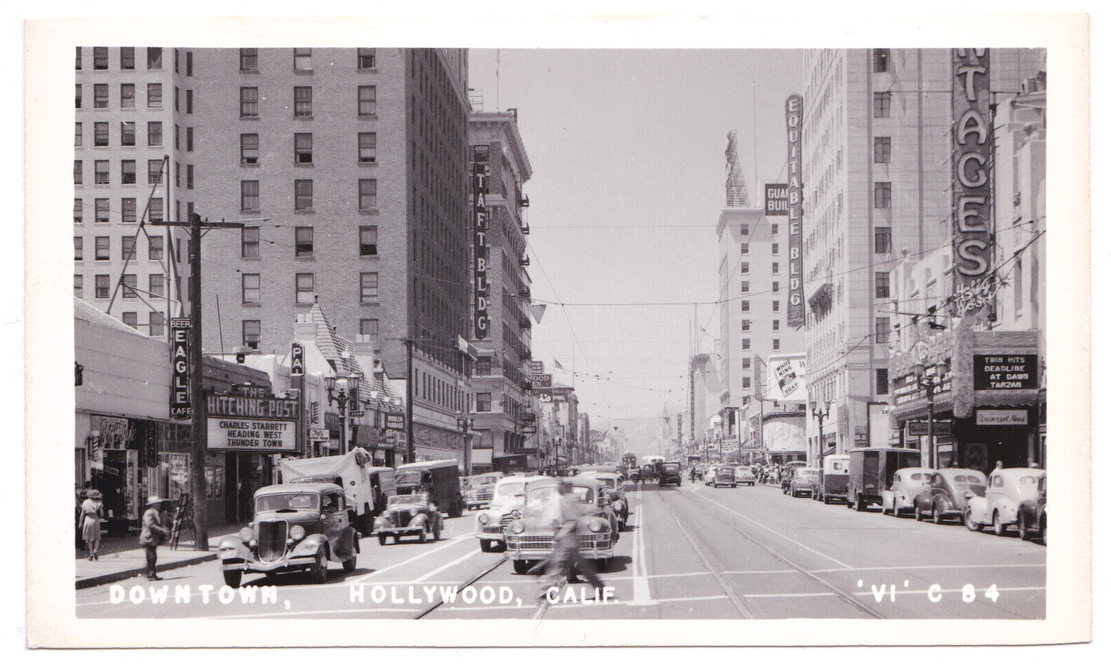 Hollywood Blvd CA Street View c.1946 Busy Cars Pedestrians Advertising RPPC