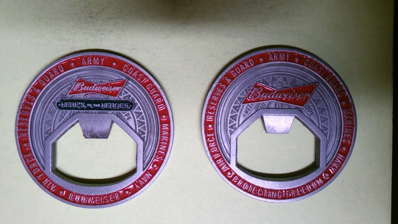CHALLENGE COIN BOTTLE OPENER BUDWEISER HERE\'S TO THE HEROES MILITARY BRANCHES