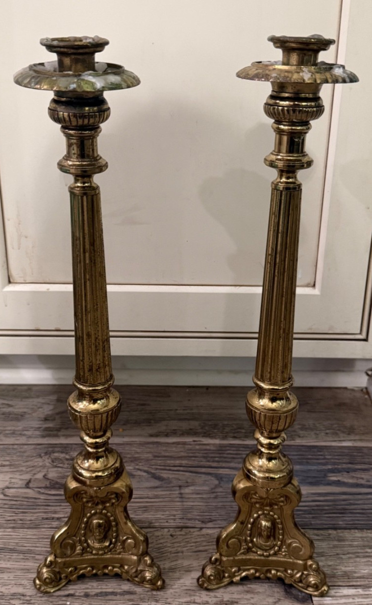 ~PAIR OF ANTIQUE FRENCH BRASS MARY JESUS & JOSEPH CANDLE STICKS 16 1/2 ~PAIR OF ANTIQUE FRENCH BRASS MARY JESUS & JOSEPH CANDLE STICKS 16 1/2