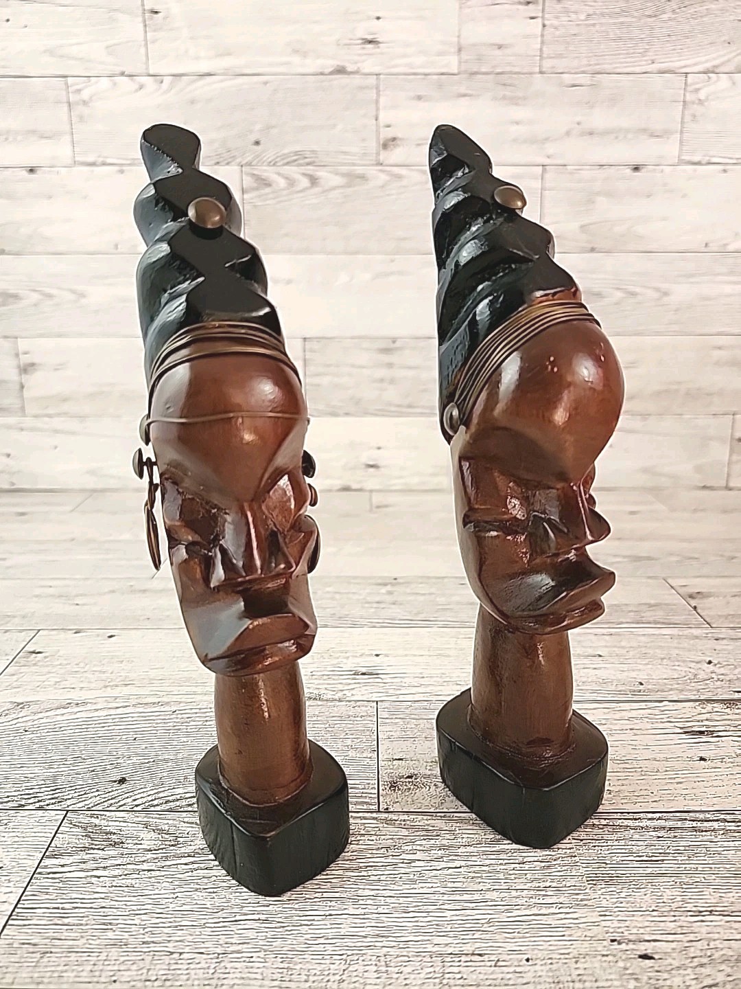 Vintage African Tribal Head Bust Hand Carved His And Her Wood Sculpture 