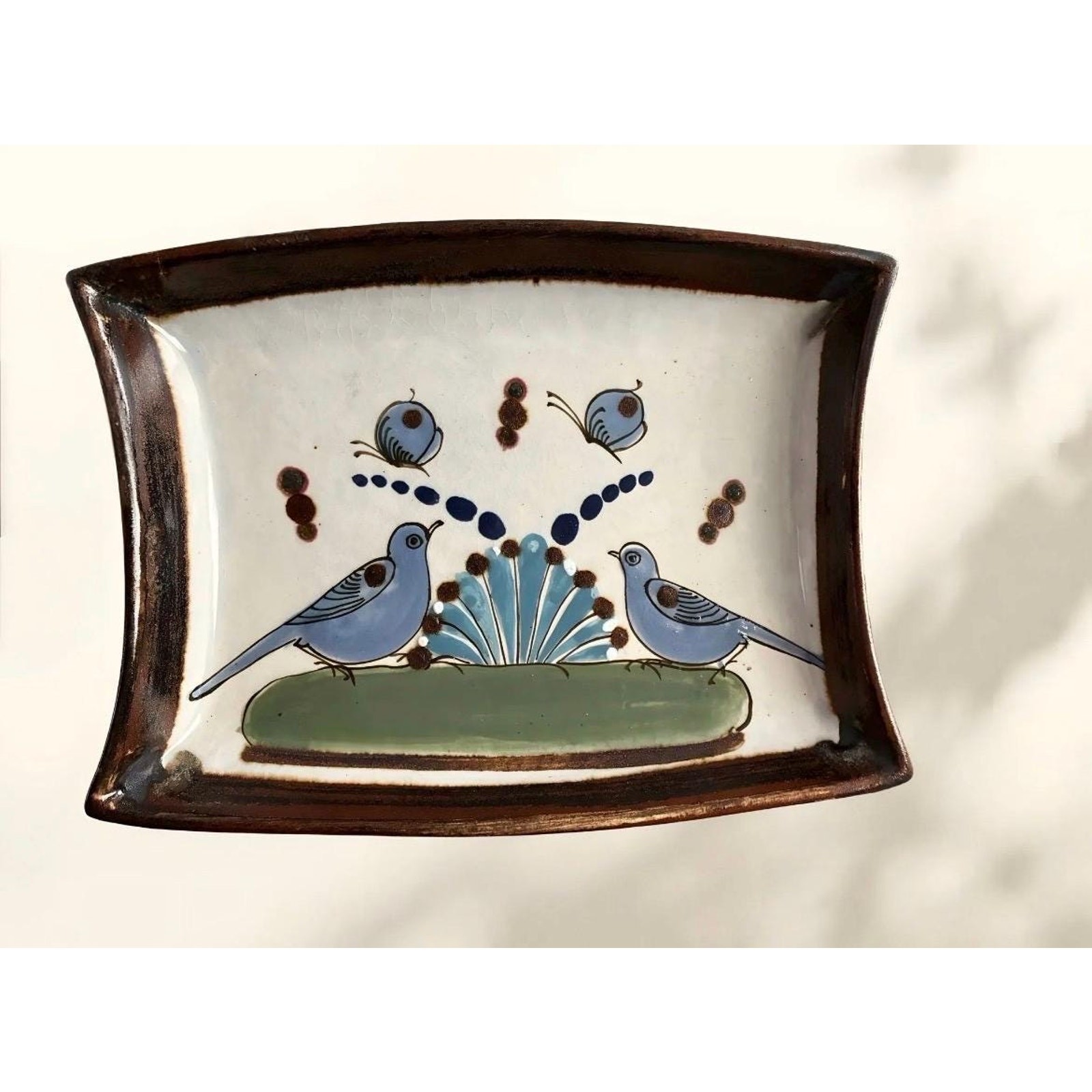 Vintage Tonalá Pottery Tray | Hand Painted Blue Birds, Folk Art Ceramic Catchall