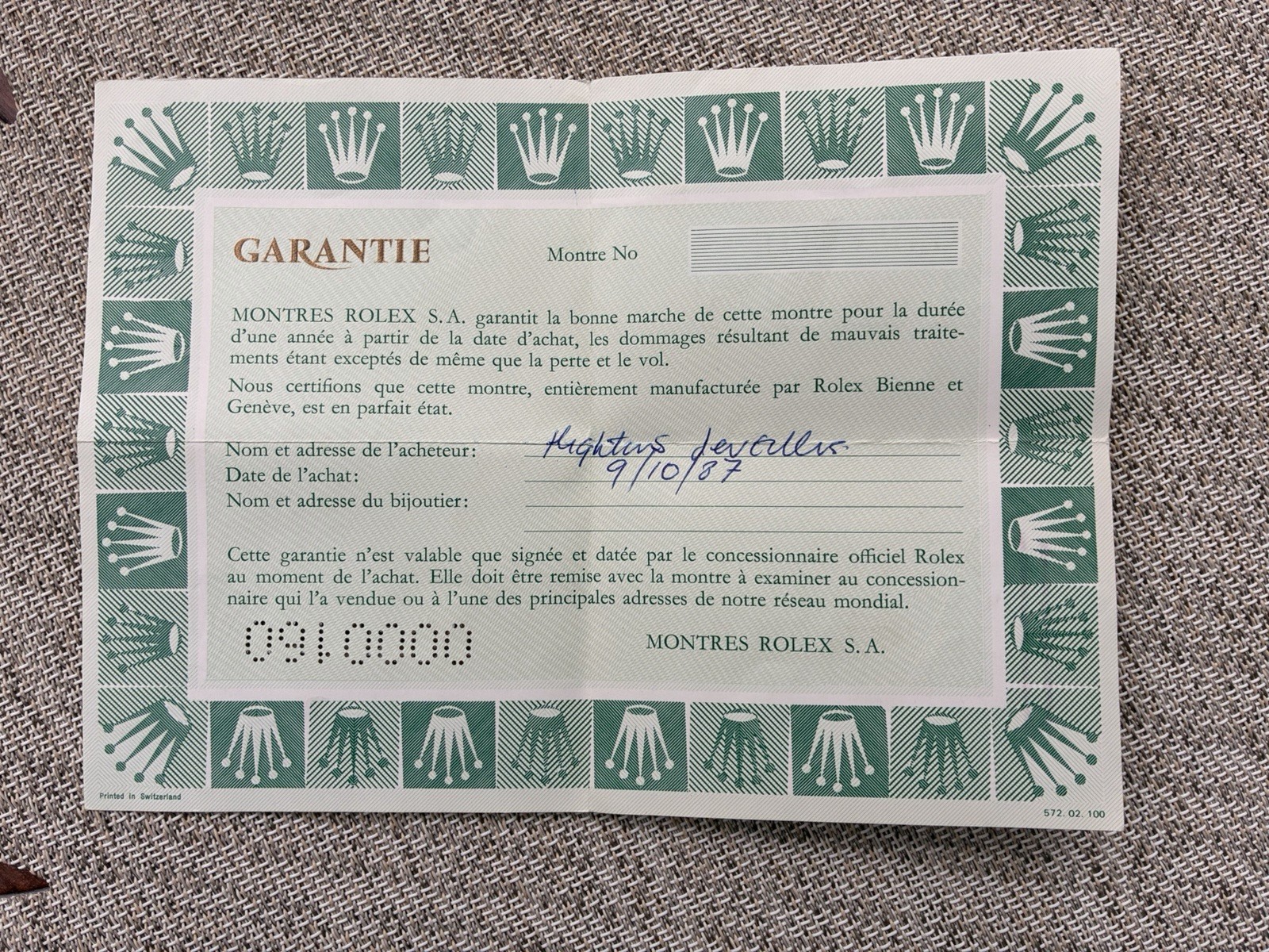 Vintage Rolex 1987 Garantie 572.02.100
