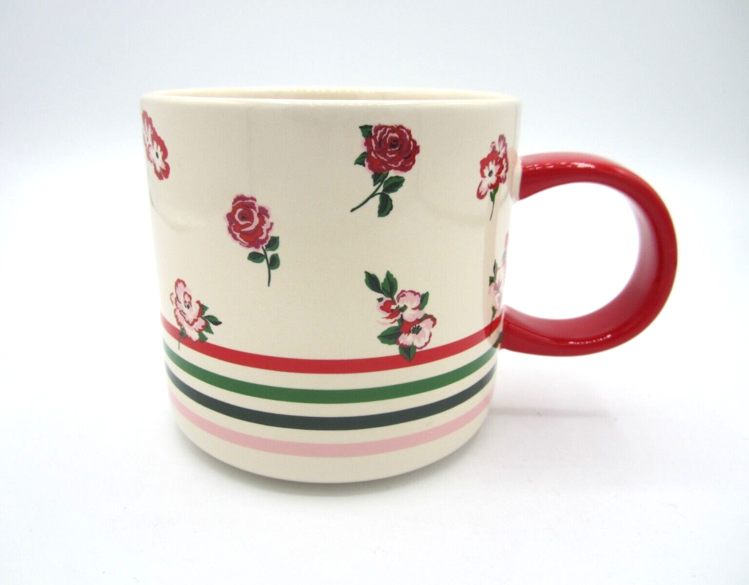 Starbucks White Red Roses Pansies Stripes Red Handle Tea Coffee Mug 12 oz (101)