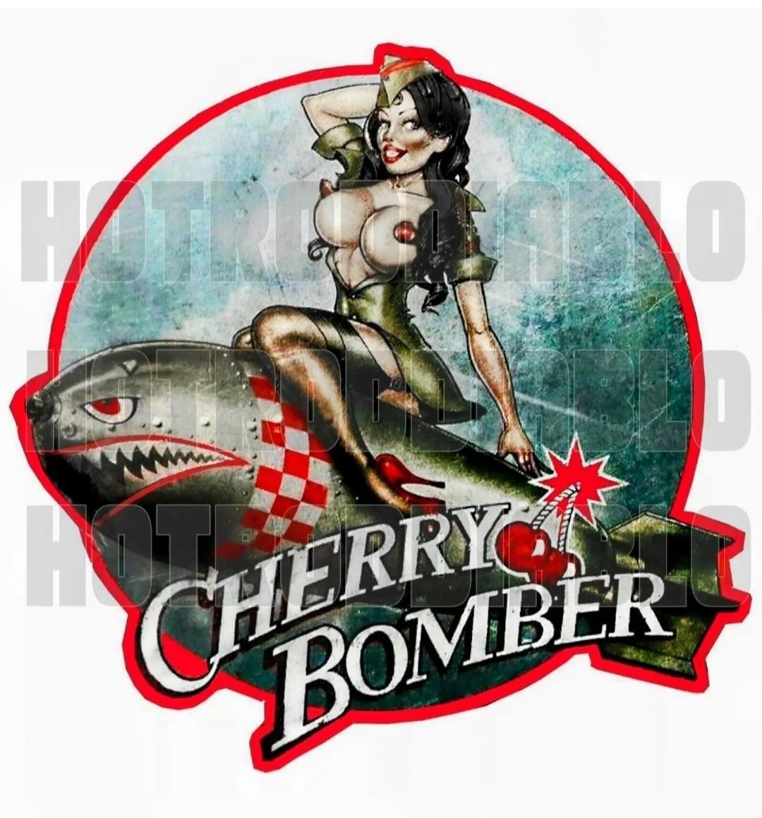 SEXY PIN UP CHERRY BOMB GIRL HOT ROD BIKER MOTORCYCLES TOOLS GUNS STICKER  4 in.