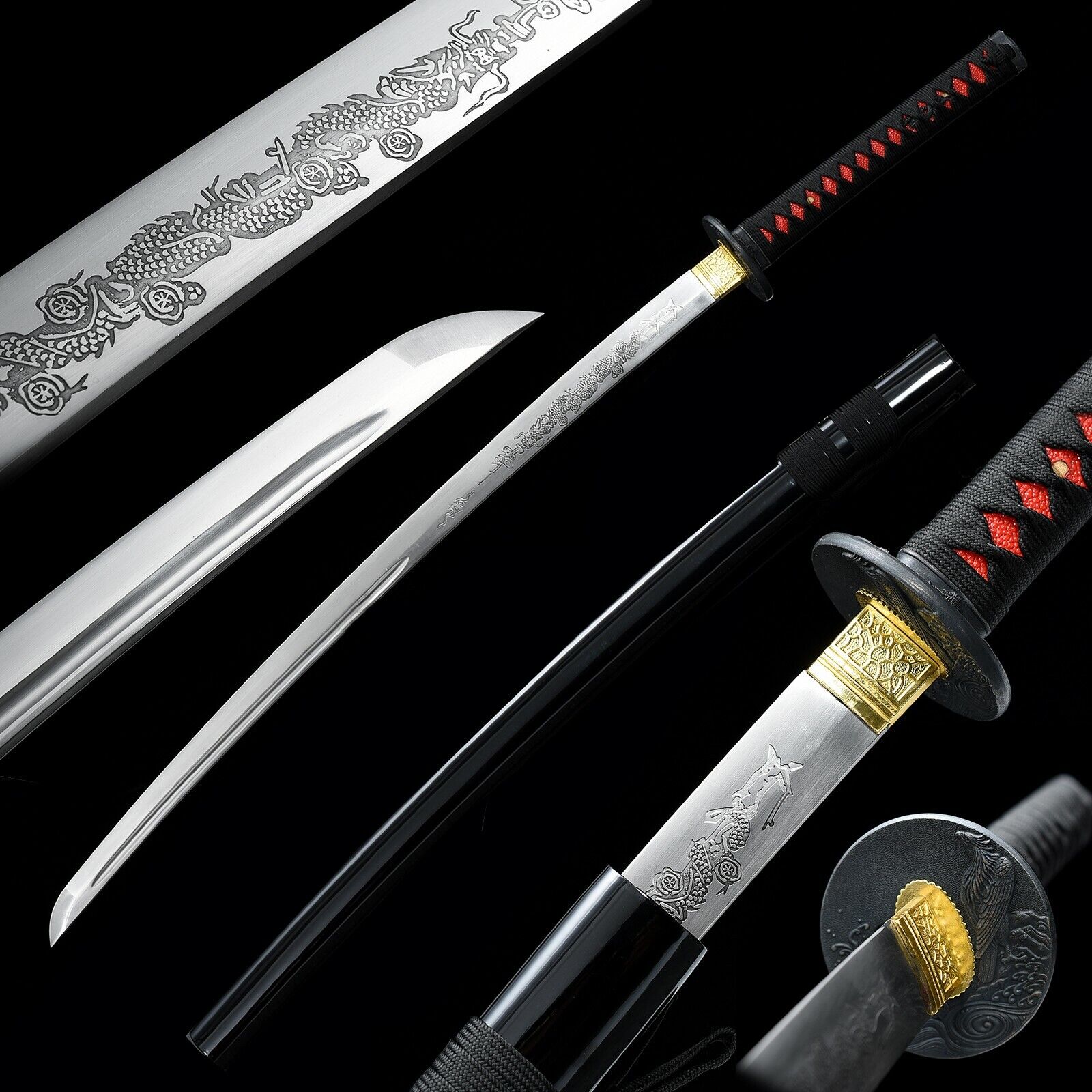 40''Black Dragon 1095 Steel Katana Japanese Samurai Ninja Sharp Sword Full Tang