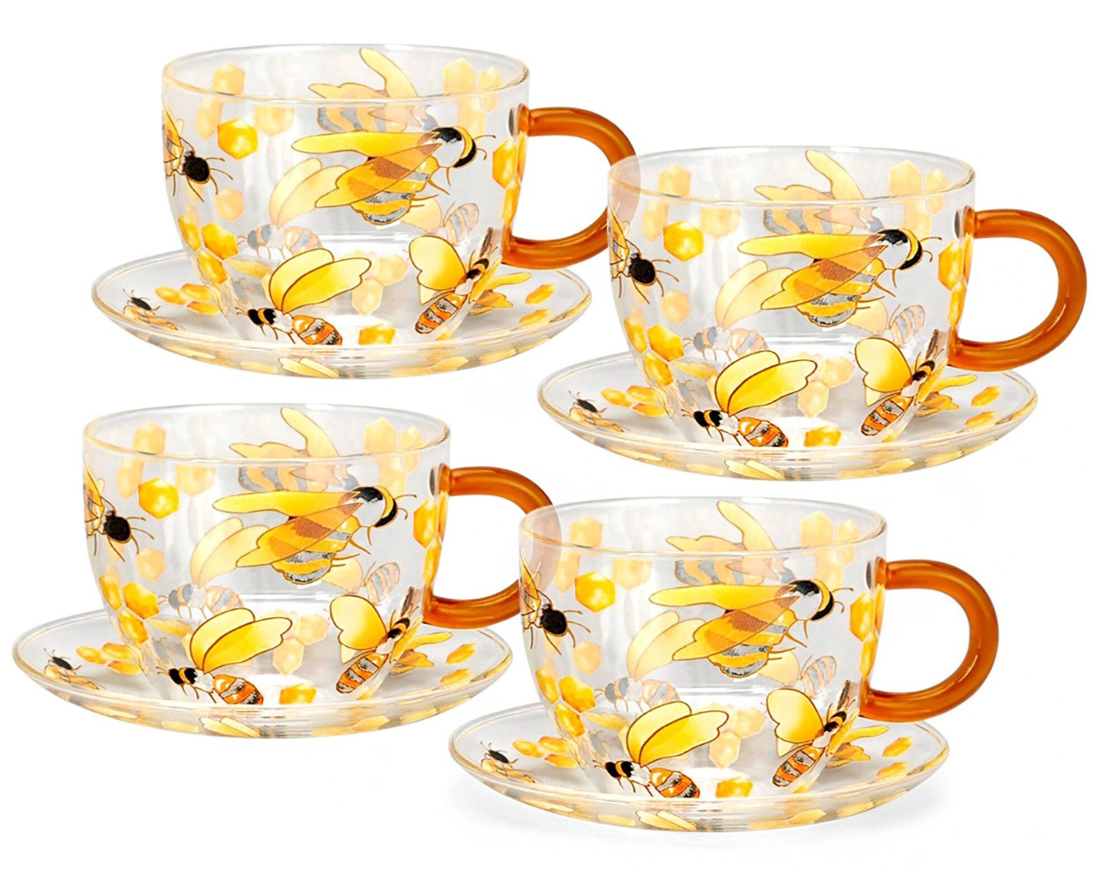 STPGOODS Honey Bee Glass Teacup with Saucer Set Of 4 [4 x 12 oz ea] Tea Cup Set
