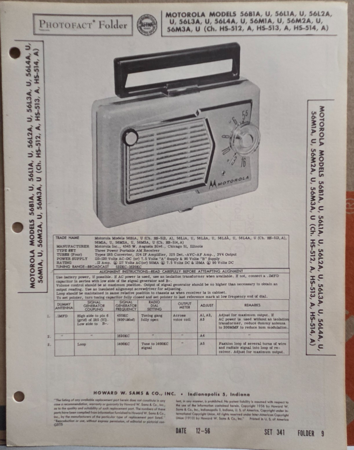 SAMS PHOTOFACT SERVICE MANUAL 341-9 MOTOROLA 56B1A 56L1A 56L2A 56L3A 56M1A 56M2A
