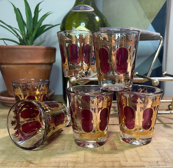 Set of 6 Vintage Culver Shot Glasses & Caddy 22K Gold Cranberry Scroll Ruby MCM