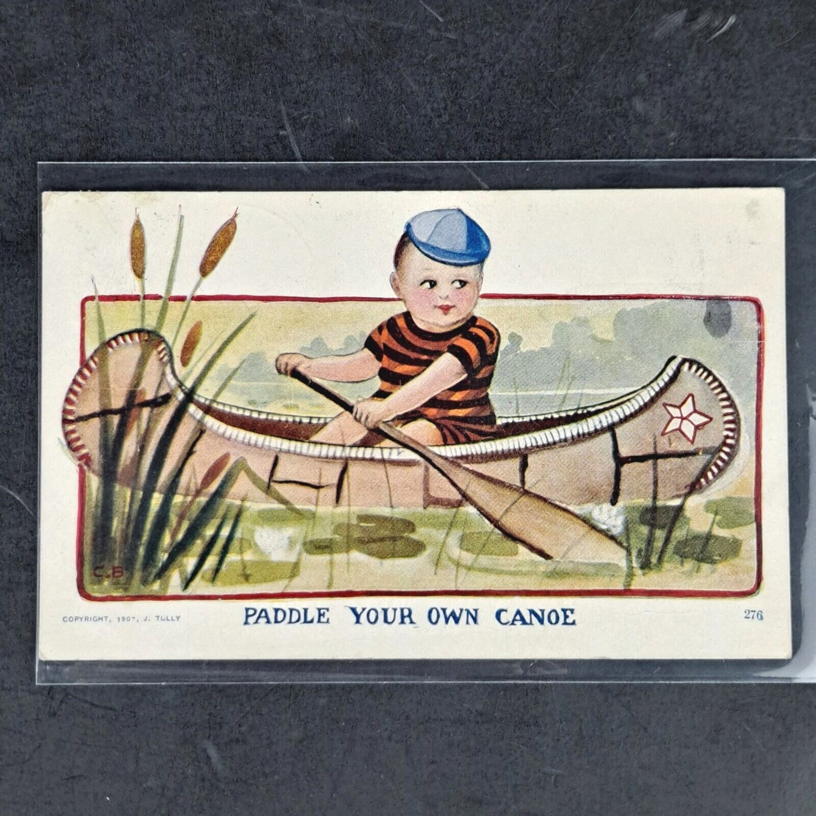Antique 1907 Tully Young Boy Paddle Your Own Canoe Litho Postmarked Postcard