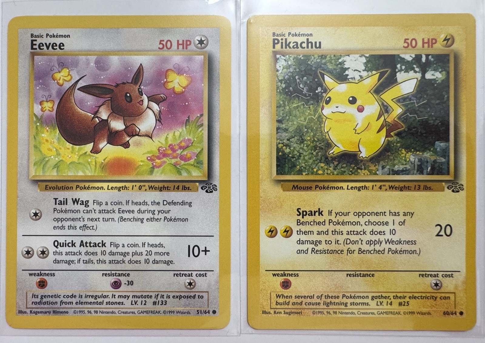 VINTAGE 1999 Pokemon Jungle - Pikachu 60/64 Eevee 51/64 Non Holo VINTAGE 1999 Pokemon Jungle - Pikachu 60/64 Eevee 51/64 Non Holo