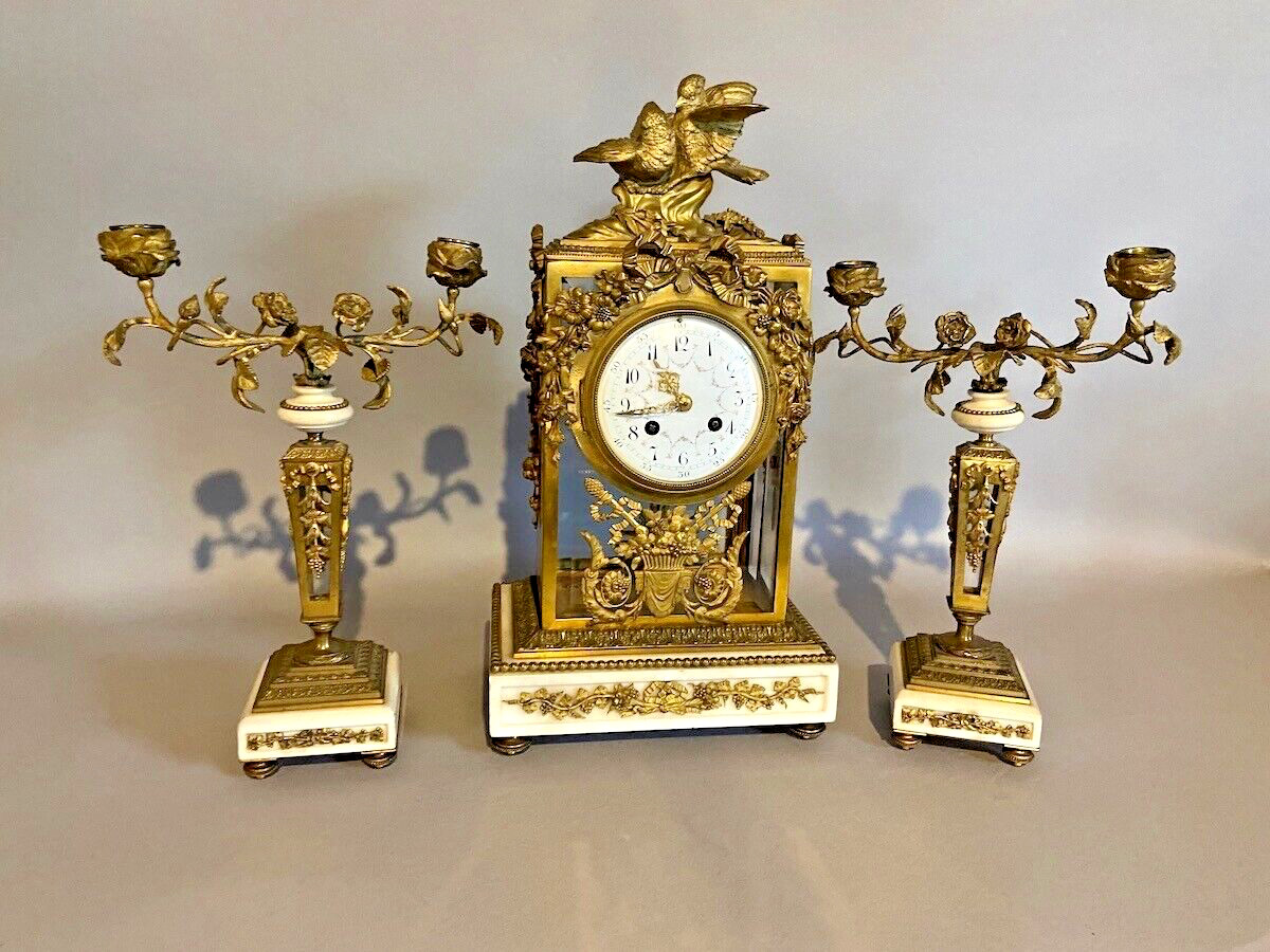 Exquisite 19th Century Louis XVI Clock Set Bronze, Crystal, and Marble Trio