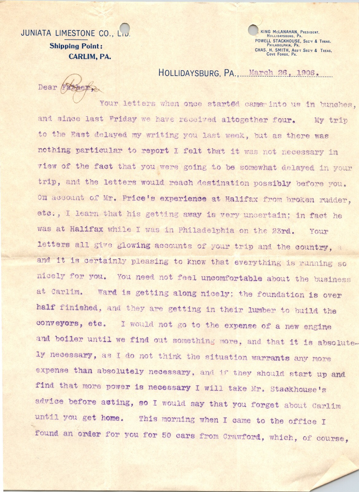 Juniata Limestone Co Hollidaysburg PA 1908 Letter 3 pages Carlim Naginey Mining