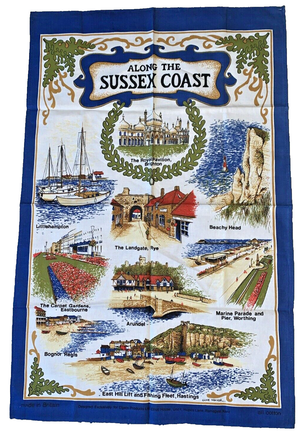 Tea Towel Along the Sussex Coast 20 x 30 England Elgate Cotton Souvenir