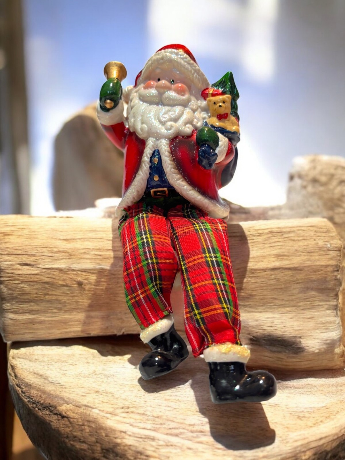 Vintage Santa Claus Figurine Shelf Sitter With Plaid Pants Holiday Decor