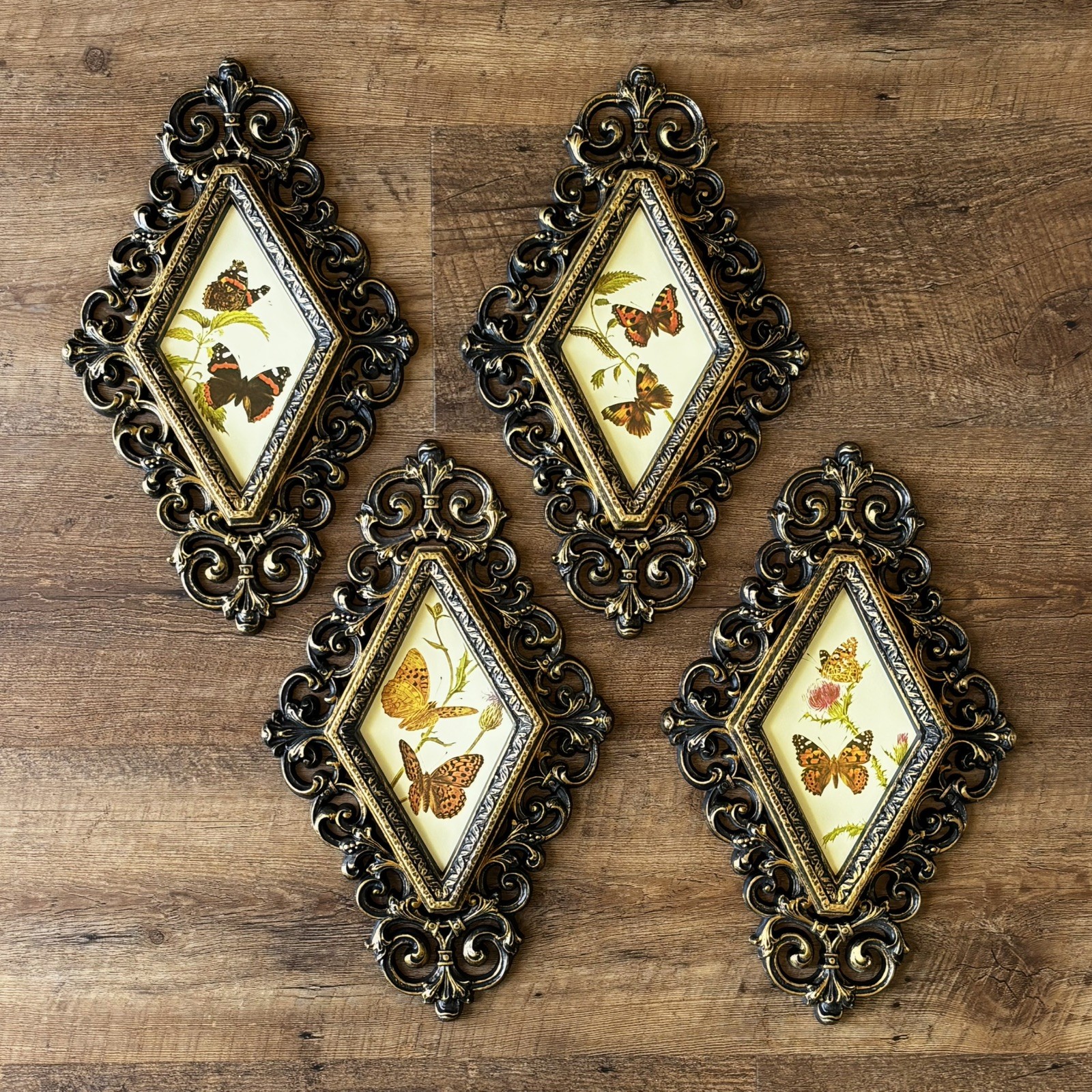 Set of 4 Homco Burwood Diamond Shape Wall Plaques Butterfly Pictures 13\