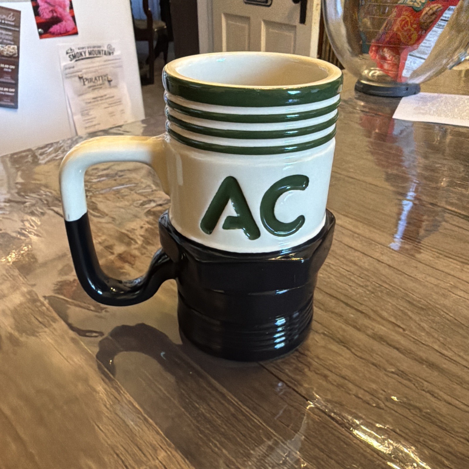 AC Delco Spark Plug Ceramic Mug 10 Oz Black And Ivory With Green Stripes