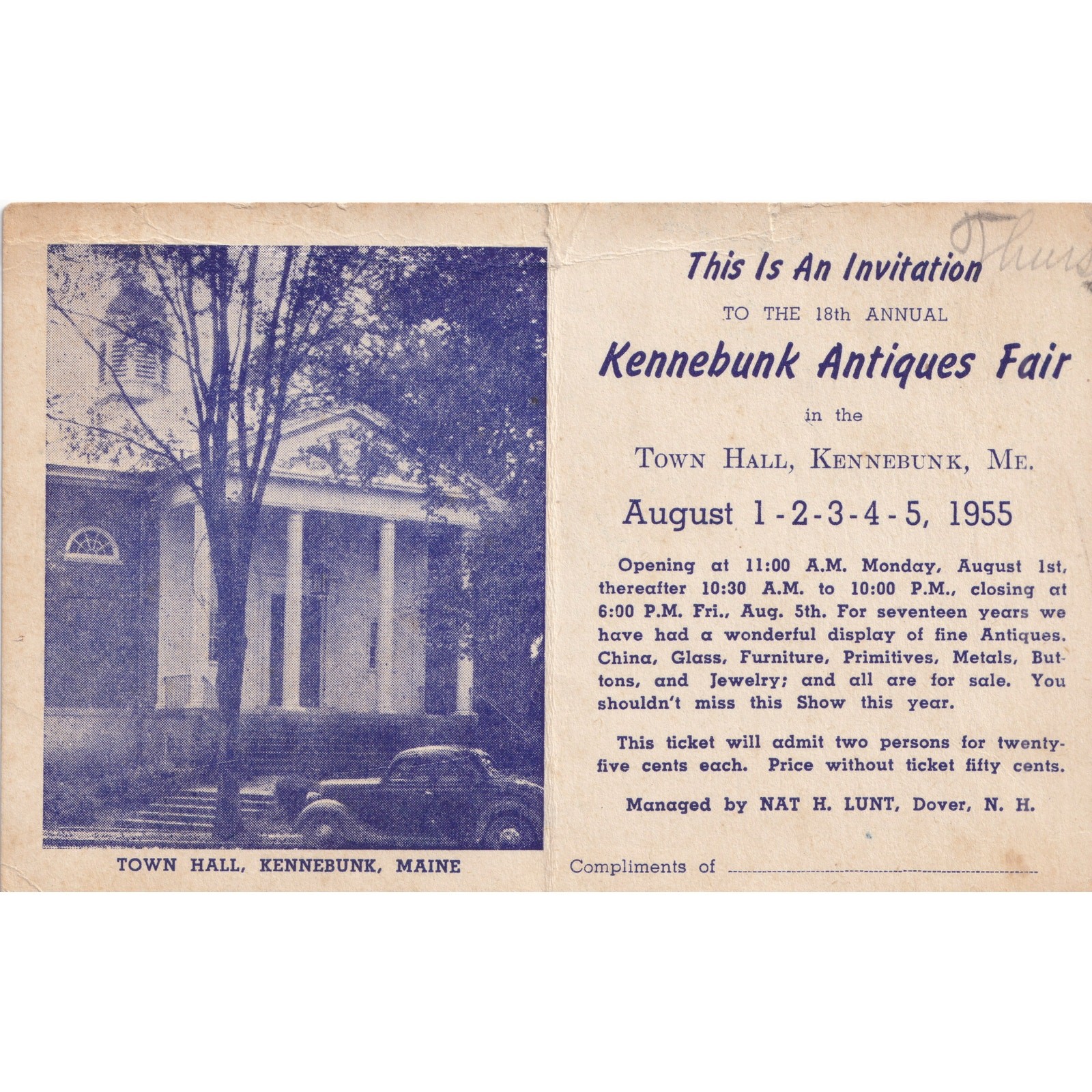 Vintage 1955 Kennebunk Maine Antiques Fair Invitation Ticket Town Hall