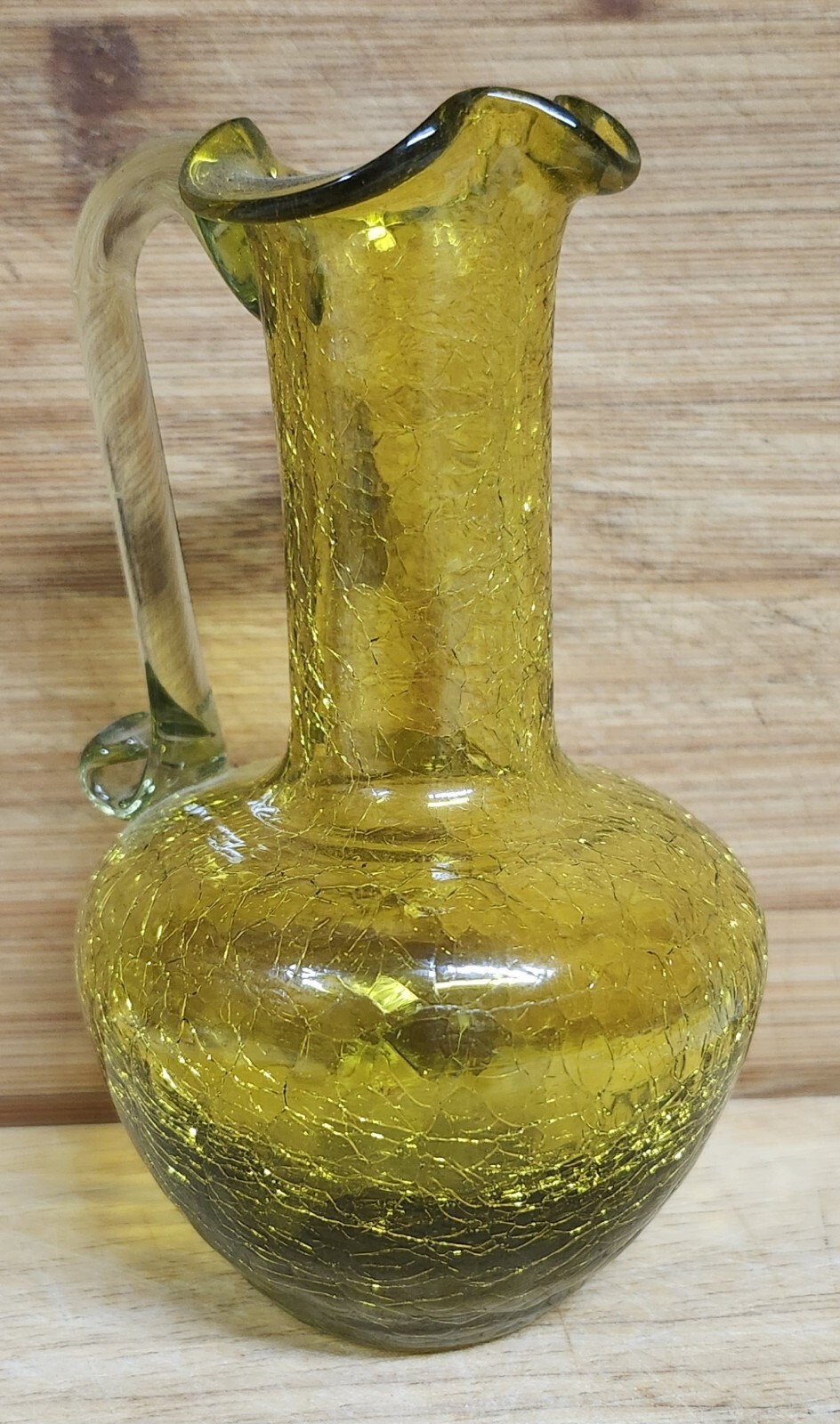 Vintage Yellow Amber Crackle Glass Mini Pitcher/Vase  Glows Orange 